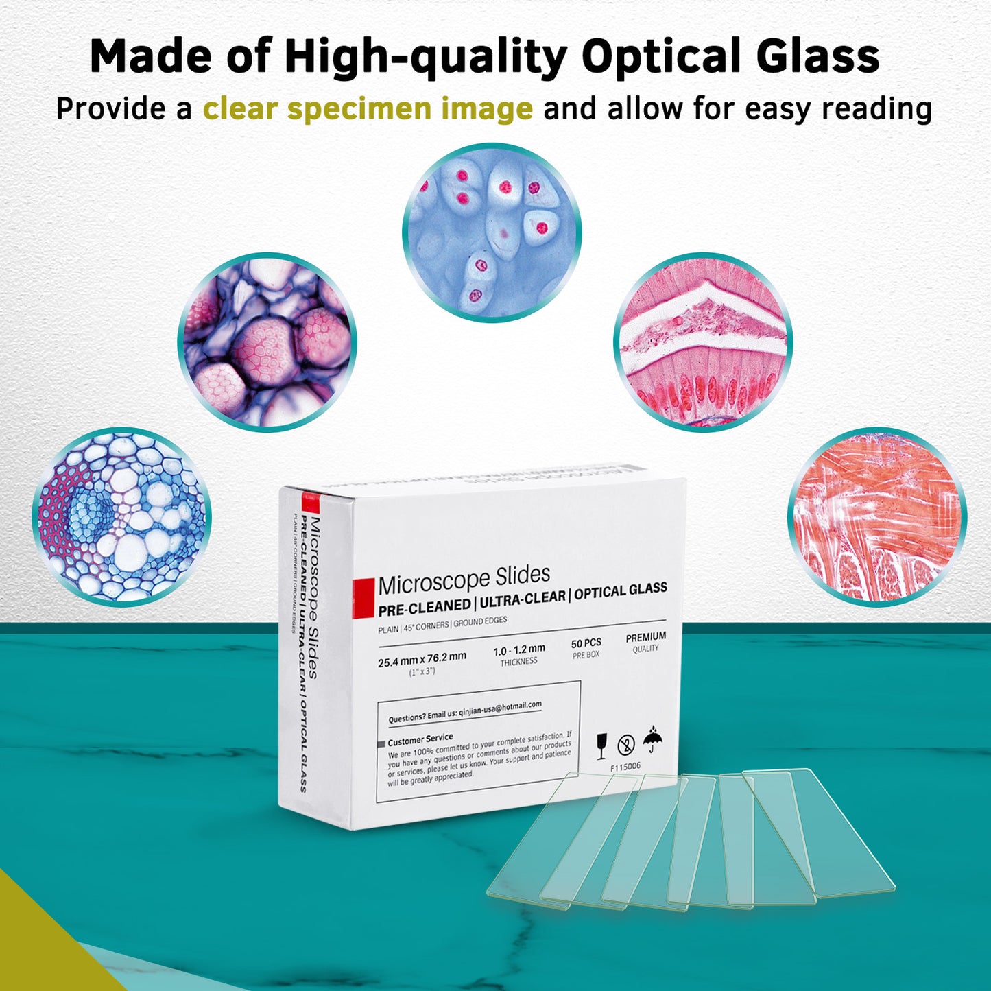 QUNSE 50 Pieces Pre-Cleaned Ground Edge Glass Microscope Slides, Standard Size 1" x 3" x 0.04", with Safe 45° Clipped Corners, for Students, Teachers, Classroom and Lab Use