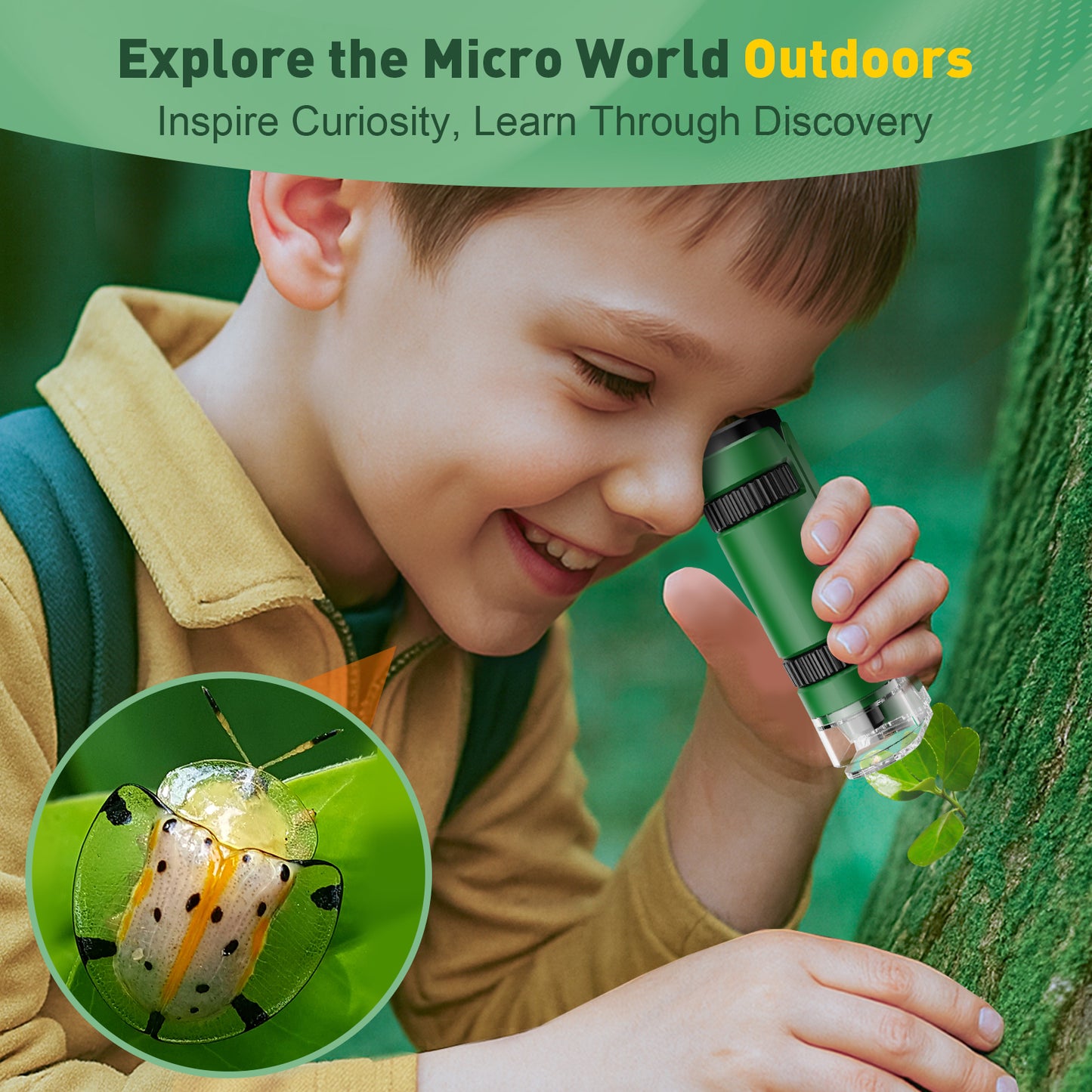 QUNSE Pocket Microscope for Kids and Students, 100x–250x Portable Handheld with LED and UV, Semi-Apochromatic Optics, Phone Adapter and Prepared Slides, Green