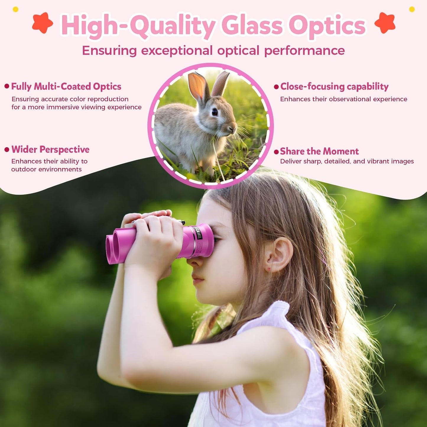 QUNSE 10x25 HD Waterproof Binoculars for Adults and Kids, Compact Travel Binoculars with BAK-4 Prism, Fully Multi-Coated Optics, Low Light Vision, Bird Watching, Hunting, Travel, Sightseeing (Pink)