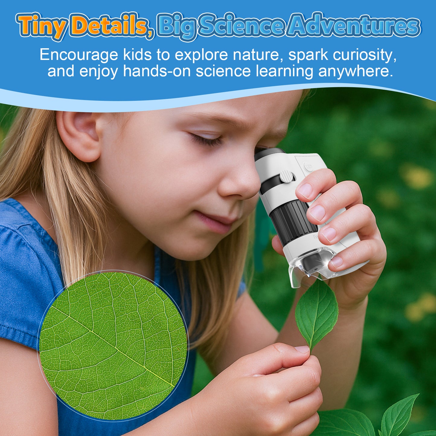 QUNSE Pocket Microscope for Kids and Students with Achromatic Lens, LED and UV Light, Portable Handheld Microscope Kit with 5 Slides, Carrying Bag (White)