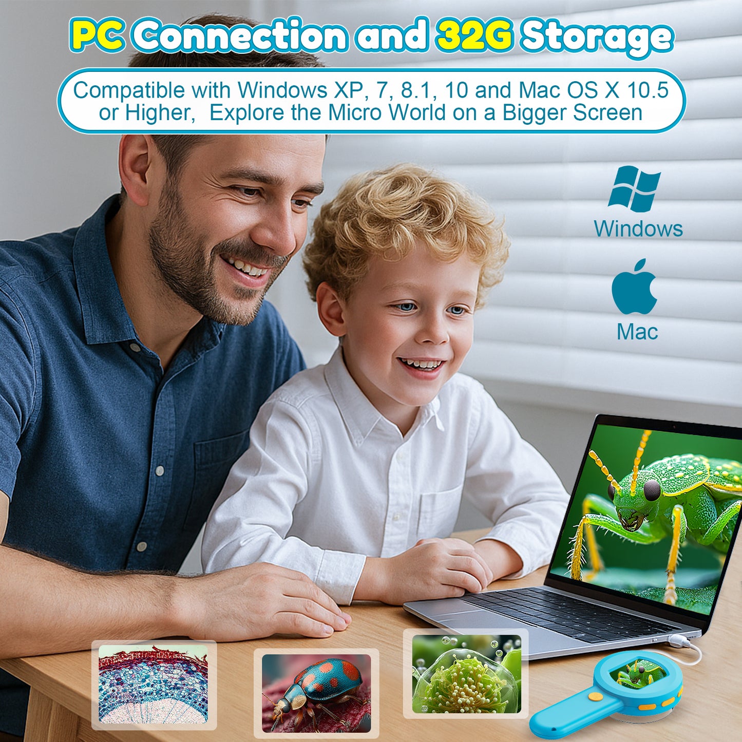 QUNSE Digital Microscope for Kids, 2.0" IPS Screen 100X - 400X Handheld STEM Science Toy with 8 LED Lights, Rechargeable Mini Pocket Microscope for Boys and Girls, Blue