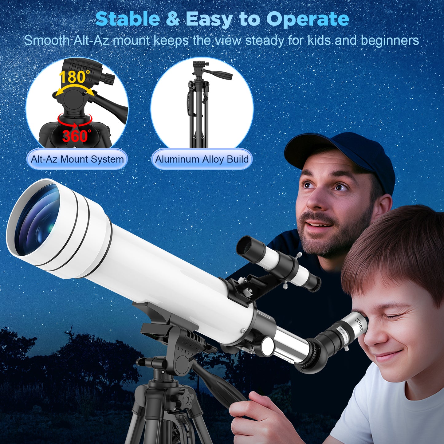 QUNSE 70mm Aperture 500mm Refractor Telescope for Adults, Kids, and Beginners, Portable Astronomical Telescope with Adjustable Tripod, Phone Adapter, Carry Bag for Moon and Planet Viewing