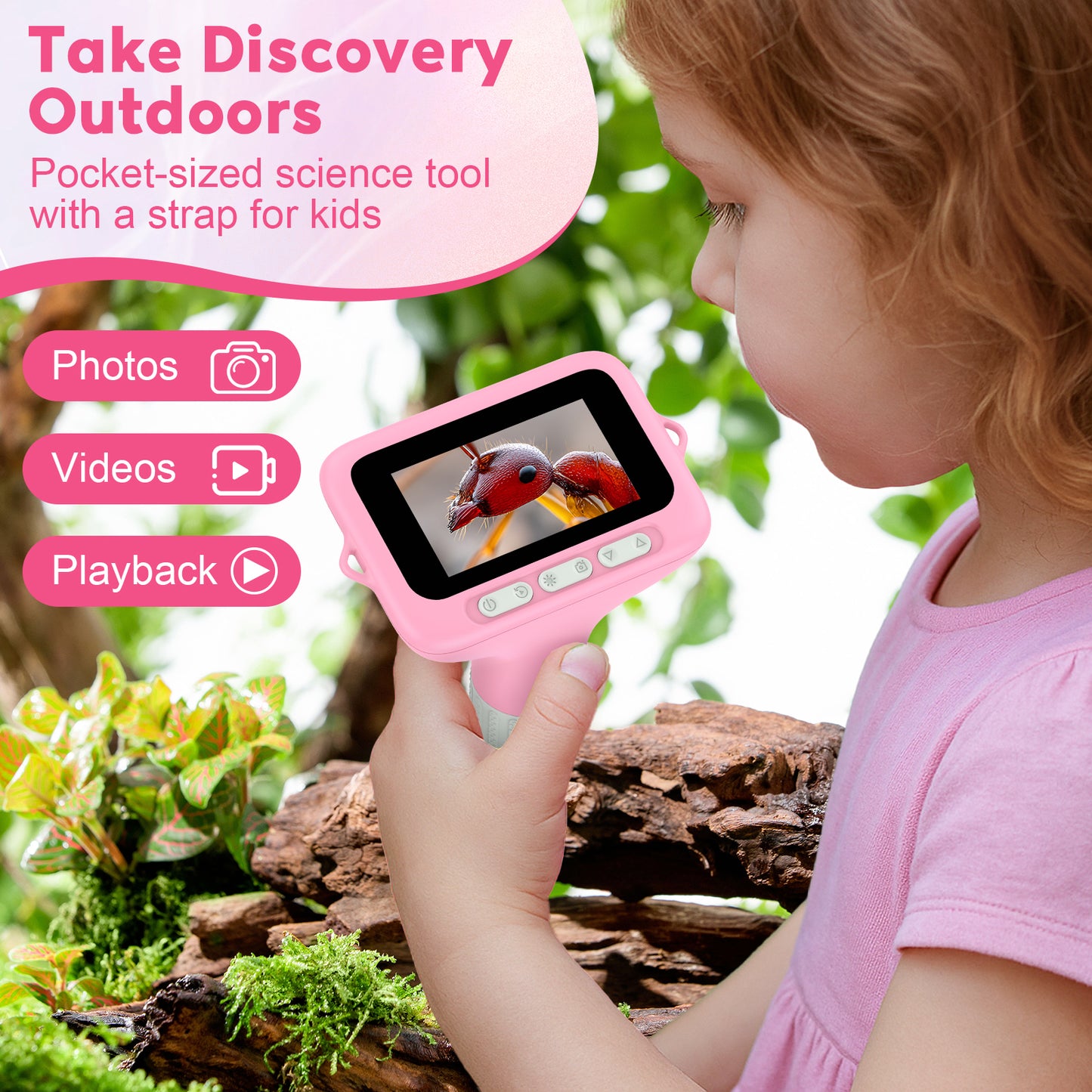 QUNSE 3-Inch IPS Screen 1000X Digital Microscope for Kids, Photo and Video Function, 8 LED Lights, Rechargeable Handheld Pocket Microscope, Compatible with Windows and Mac (Pink Gray)