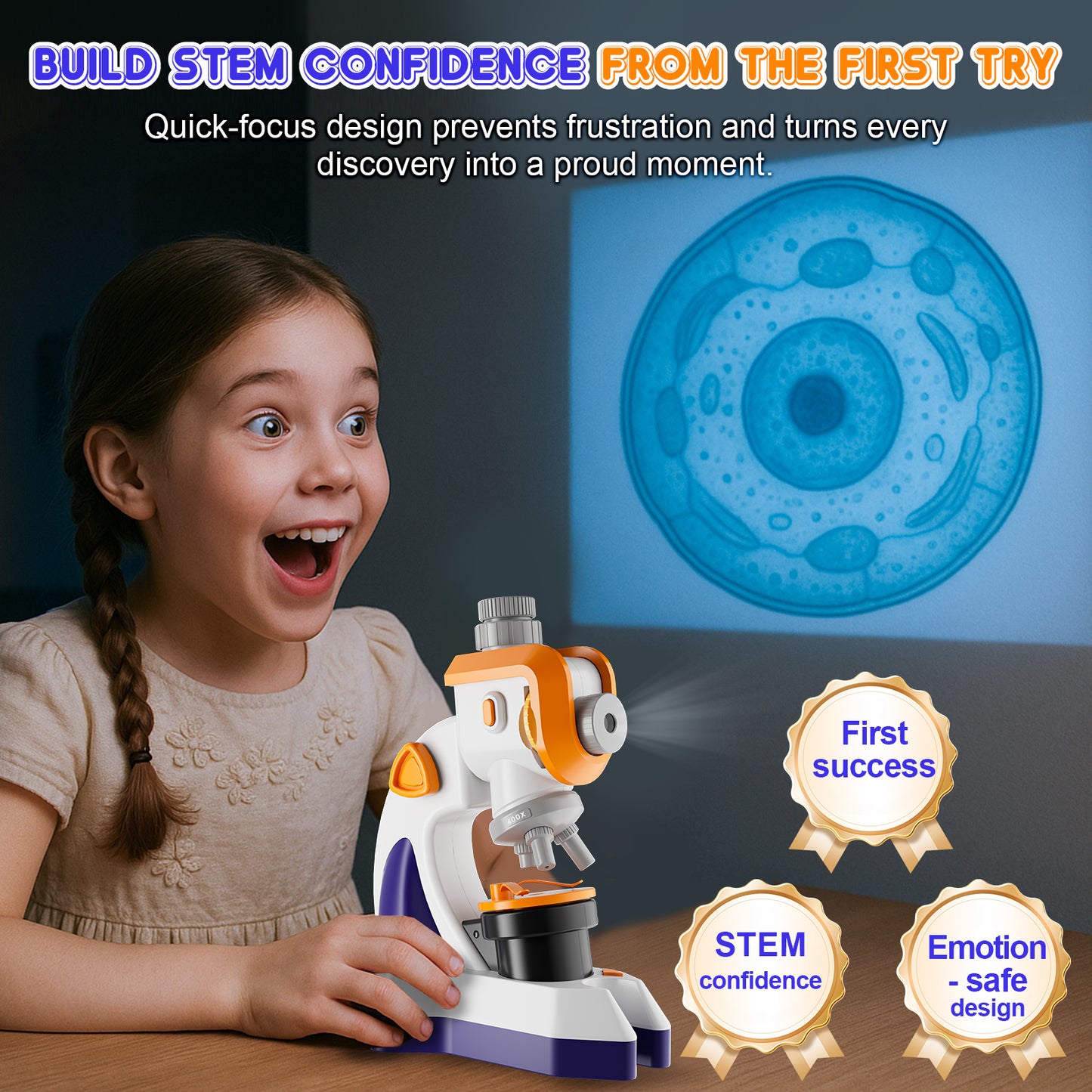 QUNSE Kids Microscope Projector Set with Dual Light, Large Focus Knobs, 20+ Accessories, STEM Science Kit, Standard Optical Microscope for Slides, Plants, Insects and DIY Experiments