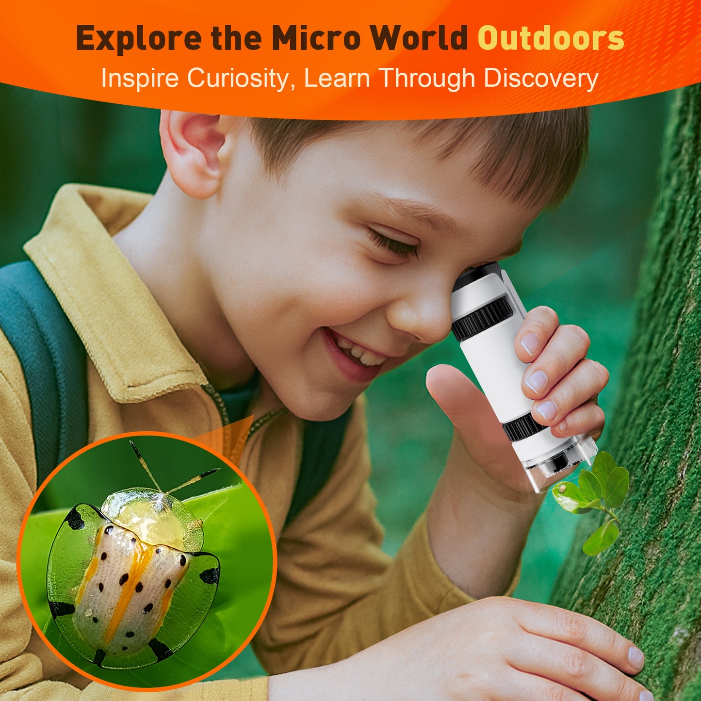 QUNSE Pocket Microscope 100x–250x, LED and UV Light, Portable Handheld Mini Microscope for Kids and Students, Semi-Apochromatic Optics, Phone Adapter, 5 Prepared Slides, EVA Case, White