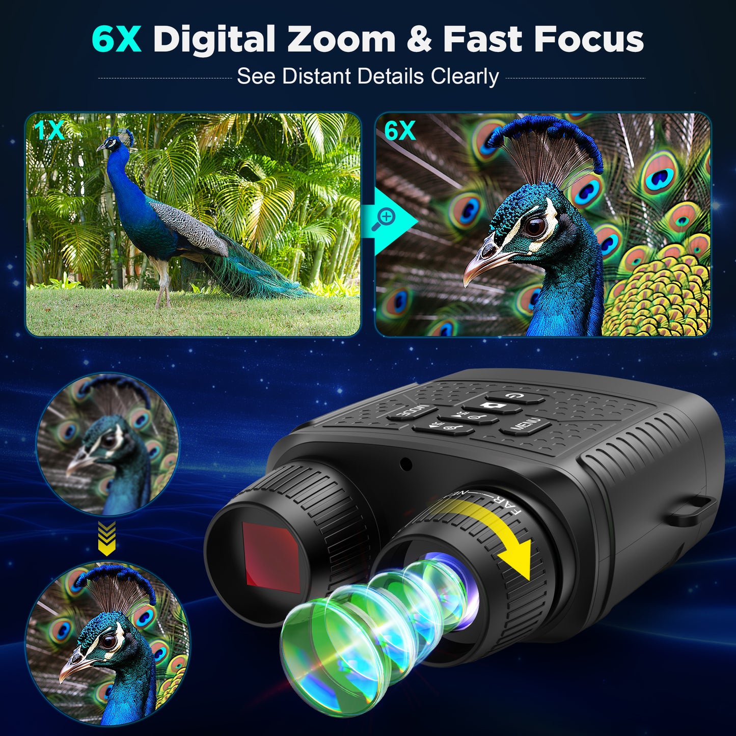 QUNSE Night Vision Goggles for Adults, 30MP 2.5K Night Vision Binoculars with 656FT Range, 7-Level IR, 6X Zoom, 3" HD Screen, Rechargeable for Hunting, Camping & Security