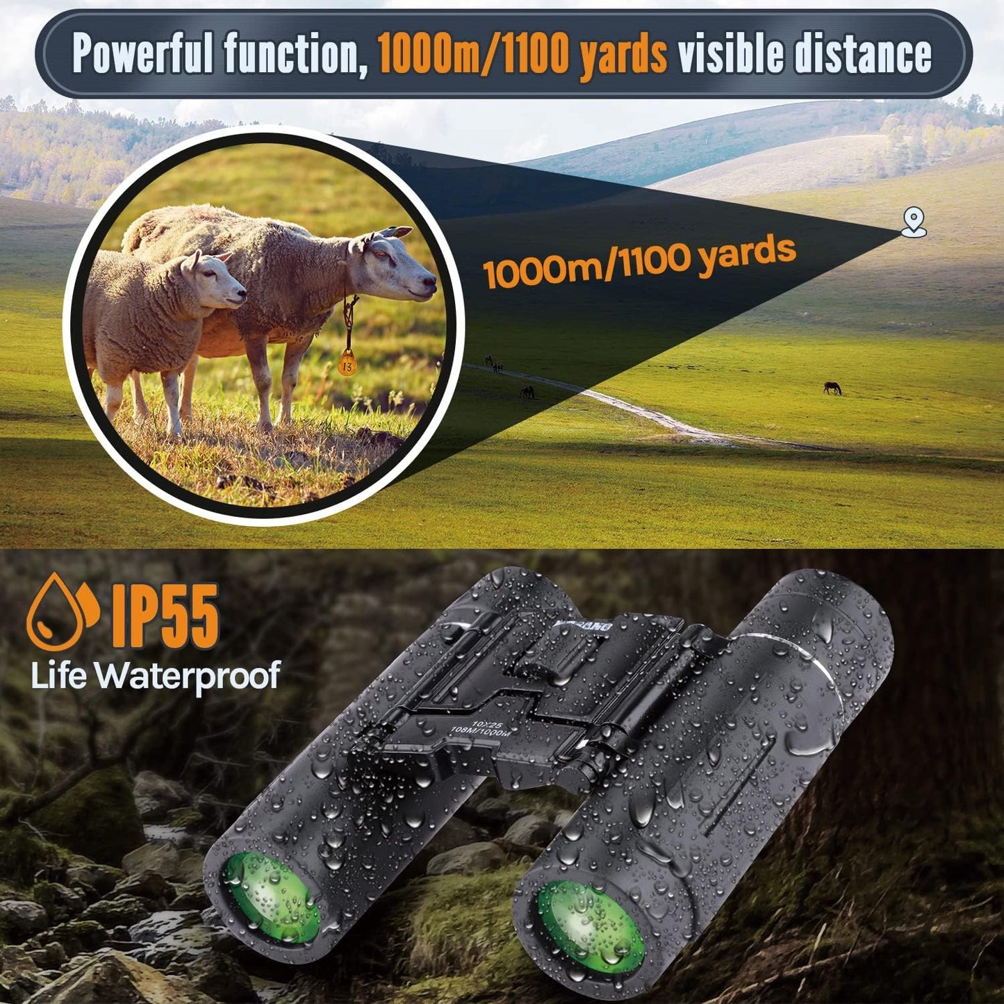 QUNSE 10x25 Small Compact Binoculars for Adults, Mini Pocket Portable Binoculars with Low Light Vision for Bird Watching, Hunting, Travel, and Sightseeing, Comes with Carrying Bag