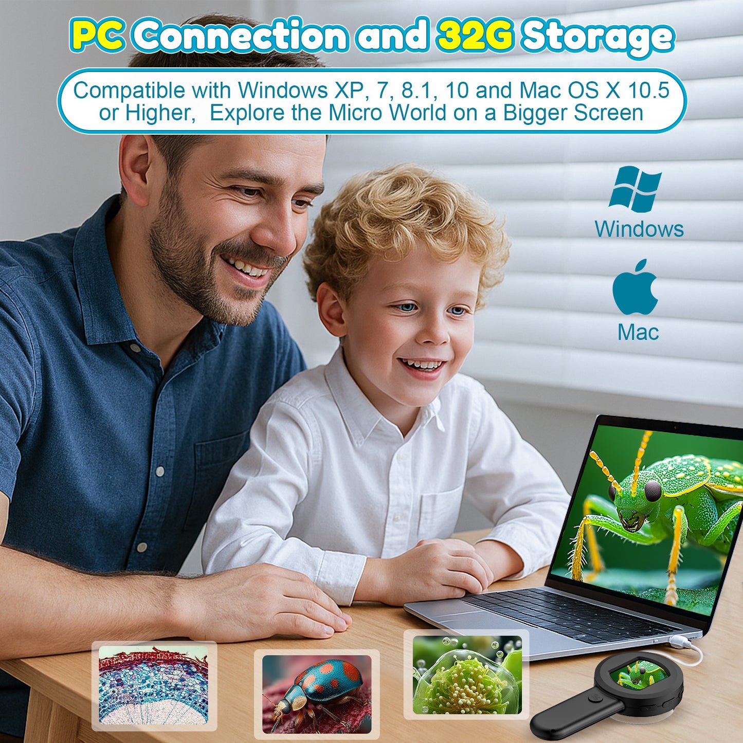 QUNSE 100X - 400X Digital Microscope for Kids, 2.0" IPS Display Handheld Science Tool with 8 LED Lights and 16MP Camera, Rechargeable Pocket Microscope, Black