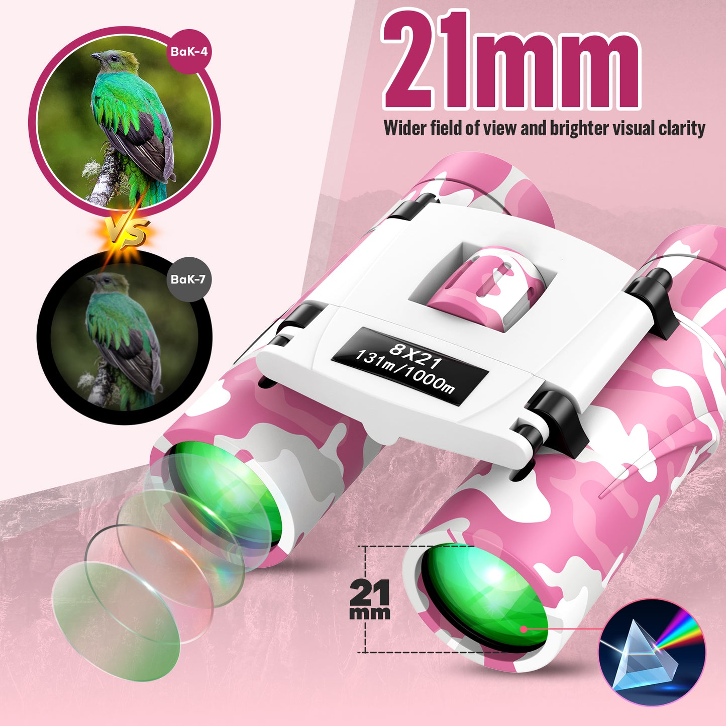 QUNSE Compact Binoculars for Kids and Adults, 8×21 Mini Pocket Binoculars, Ideal for Bird Watching, Travel, and Hunting, Great Gift for Boys and Girls (Pink and white)