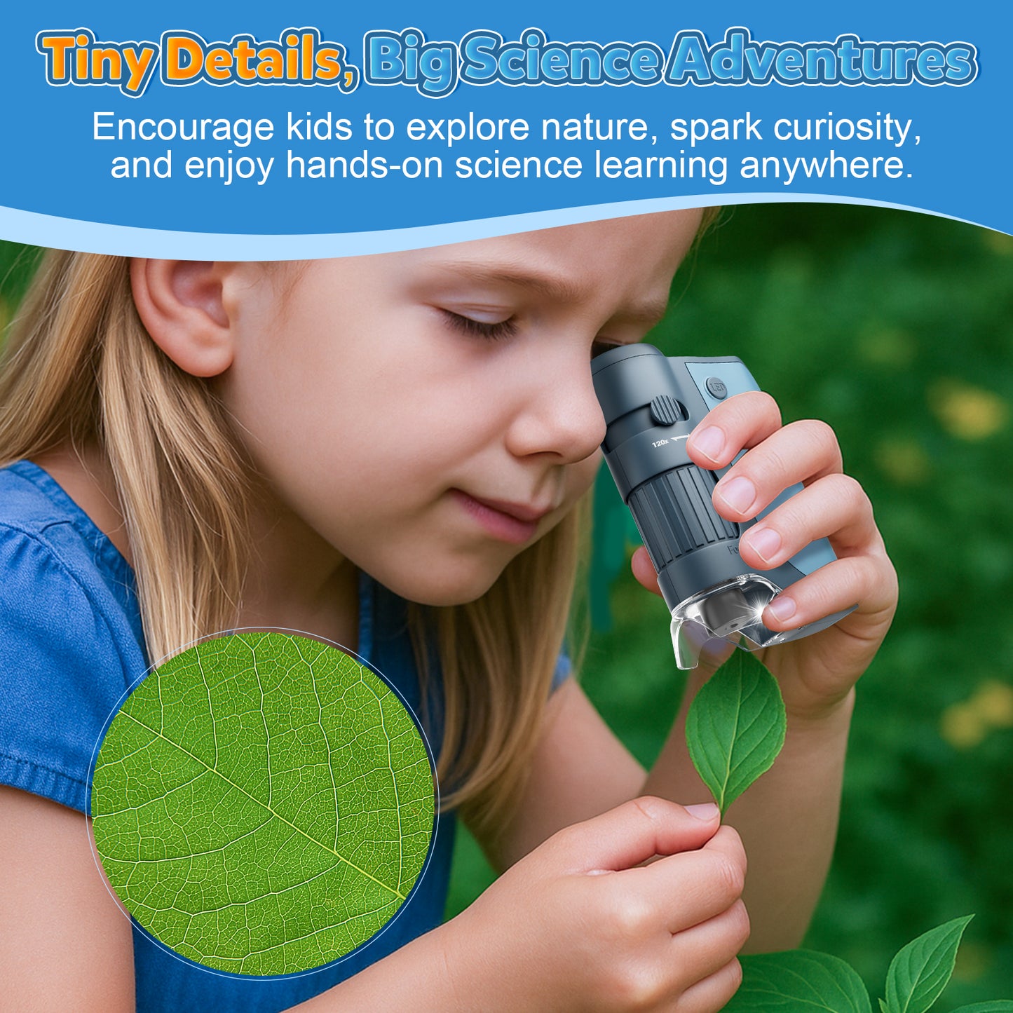 QUNSE Pocket Microscope 60X–120X True Optical, Achromatic Lens, LED and UV Light, Portable Handheld Kids Microscope for Students with 5 Prepared Slides, Phone Adapter, Carrying Bag (Blue)