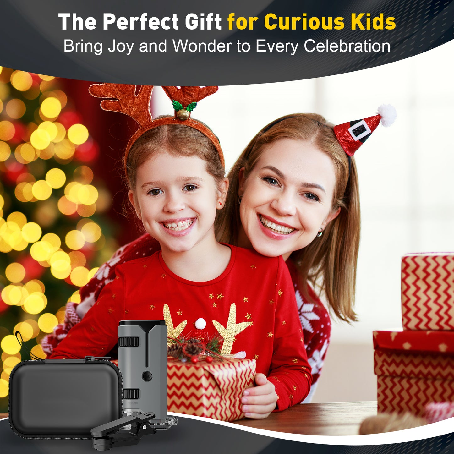 QUNSE STEM Pocket Microscope 100x–250x for Kids, Portable Handheld with LED and UV Light, Phone Adapter, 5 Slides, EVA Carry Case, Grey