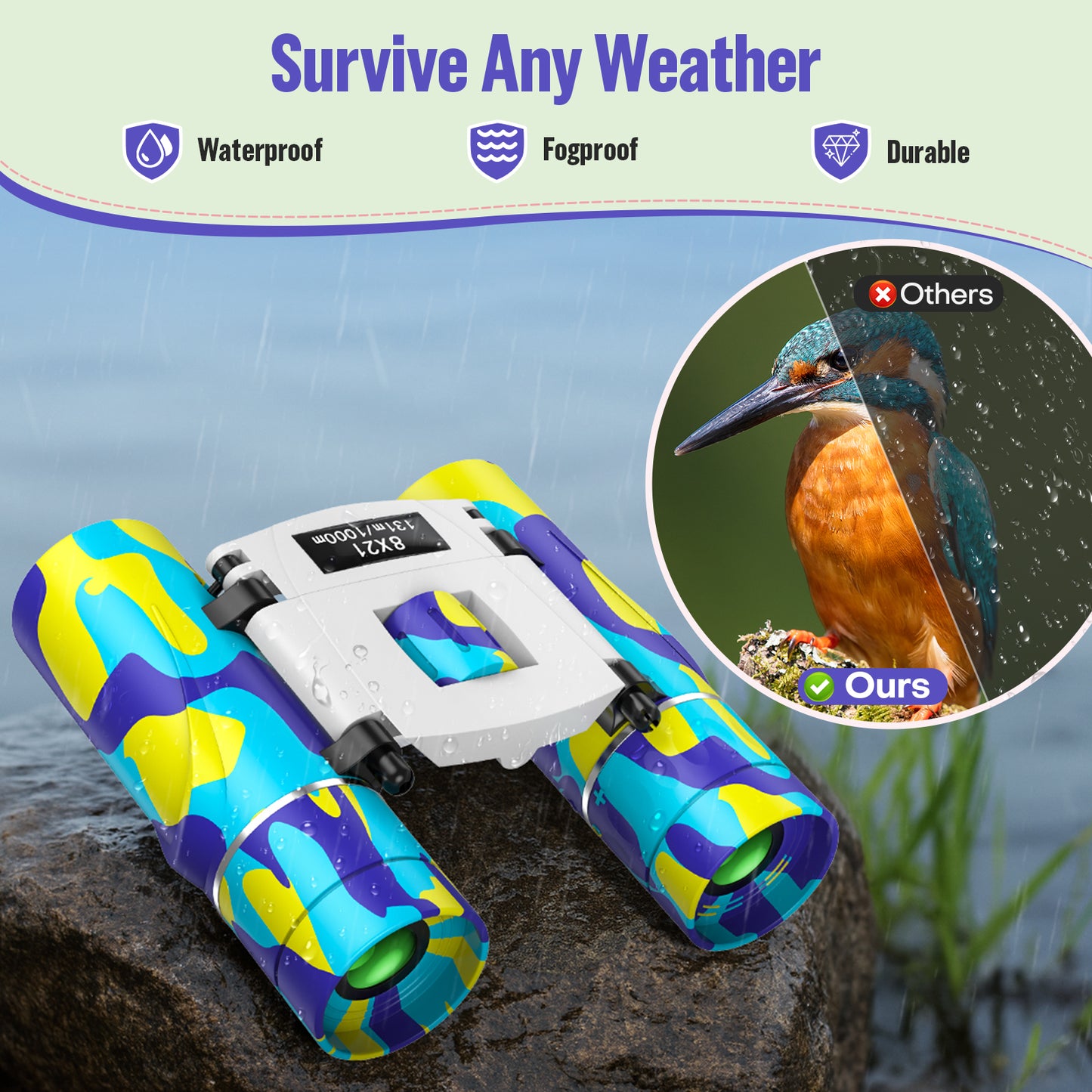 QUNSE 8×21 Compact Binoculars for Kids and Adults, Pocket Mini Binoculars, Ideal for Bird Watching, Travel, and Hunting, Great Gift for Boys and Girls (Yellow and blue)