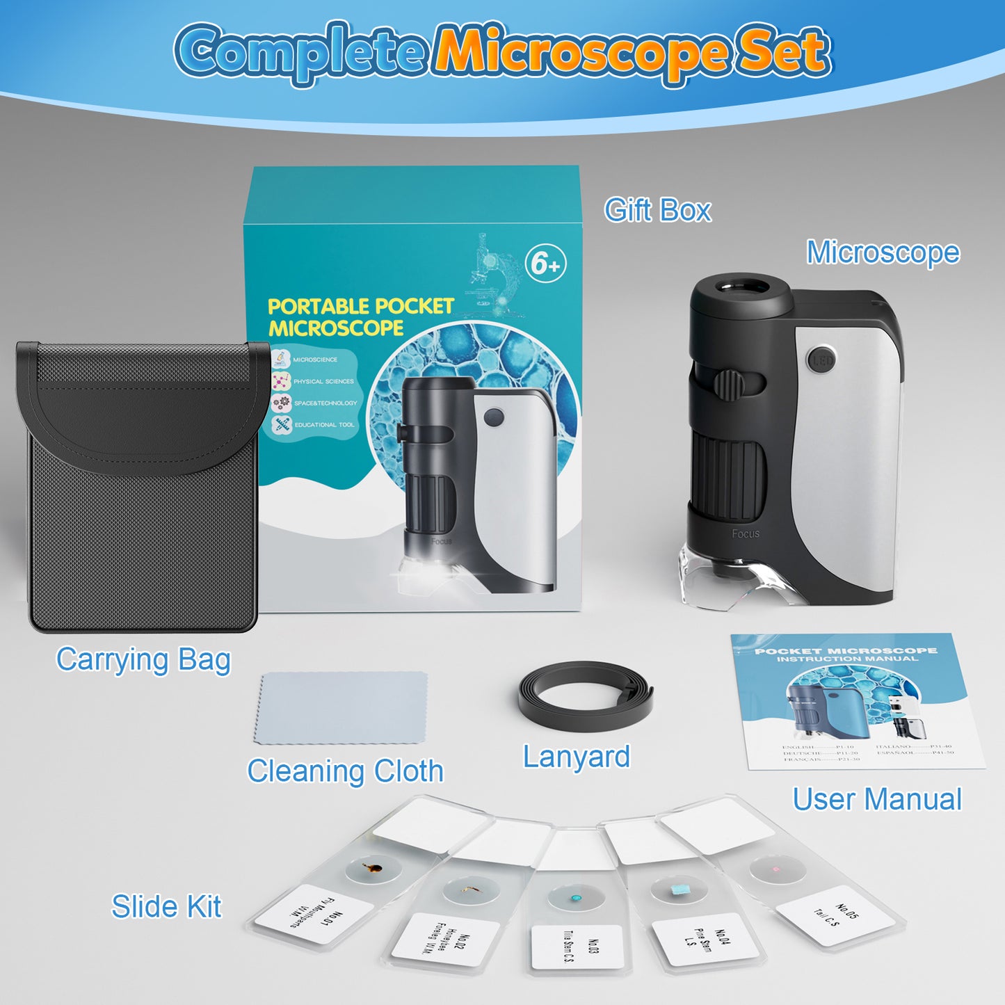QUNSE Pocket Microscope for Kids and Students with Achromatic Lens, LED and UV Light, Portable Handheld Microscope Kit with 5 Prepared Slides, Carrying Bag, Gift Set (Gray)