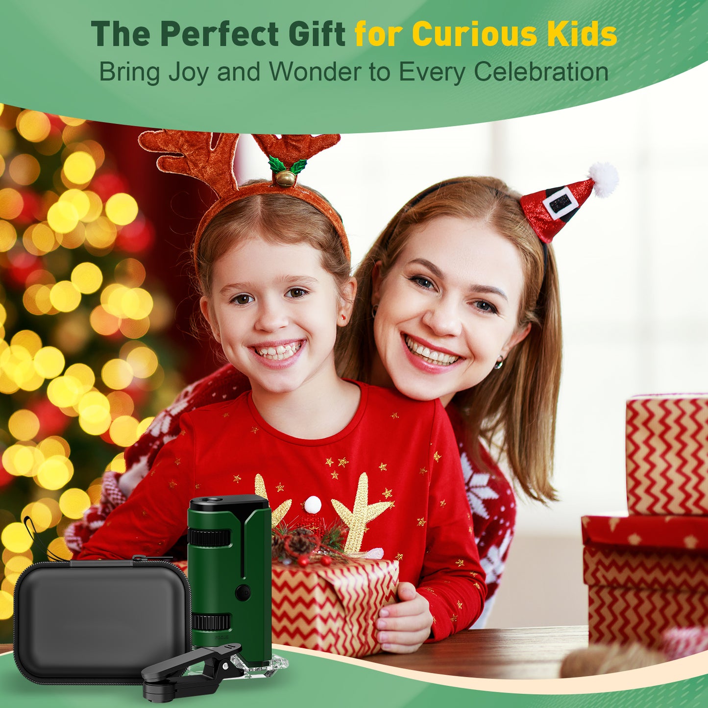 QUNSE Pocket Microscope for Kids and Students, 100x–250x Portable Handheld with LED and UV, Semi-Apochromatic Optics, Phone Adapter and Prepared Slides, Green