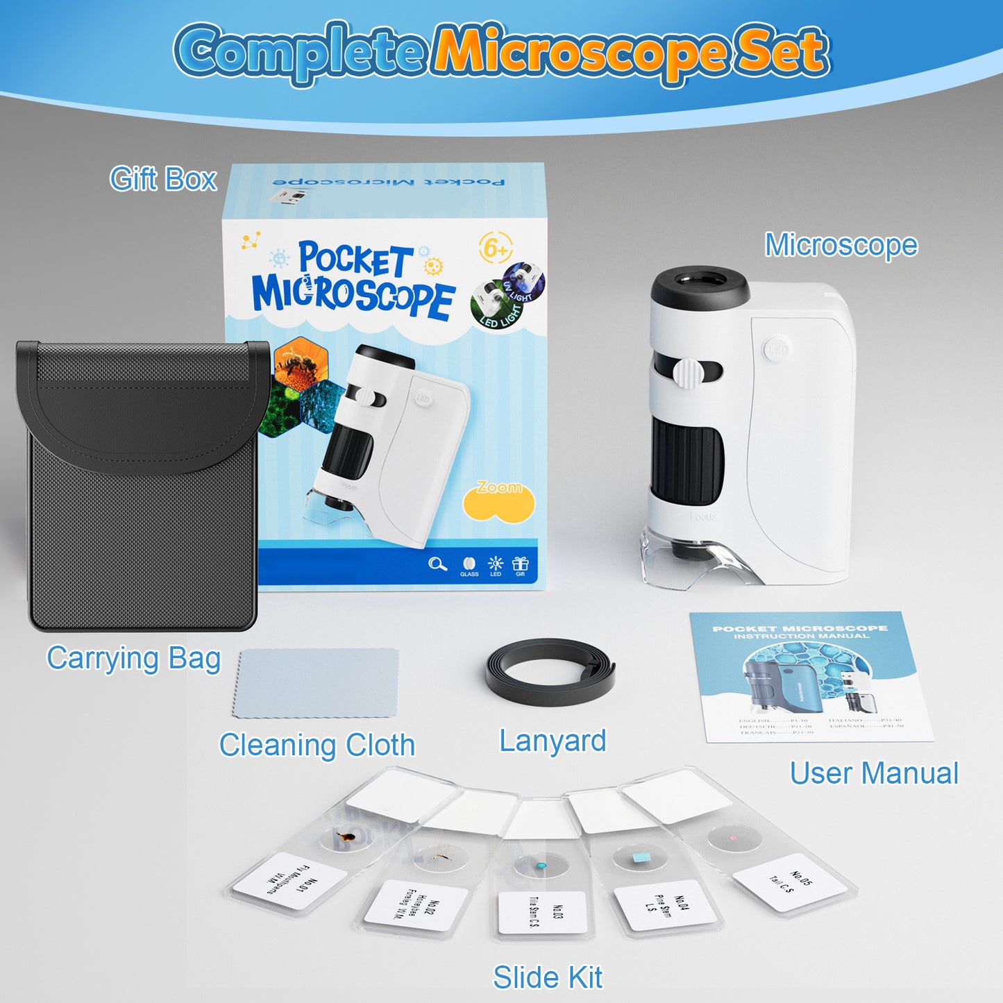 QUNSE Pocket Microscope for Kids and Students with Achromatic Lens, LED and UV Light, Portable Handheld Microscope Kit with 5 Slides, Carrying Bag (White)