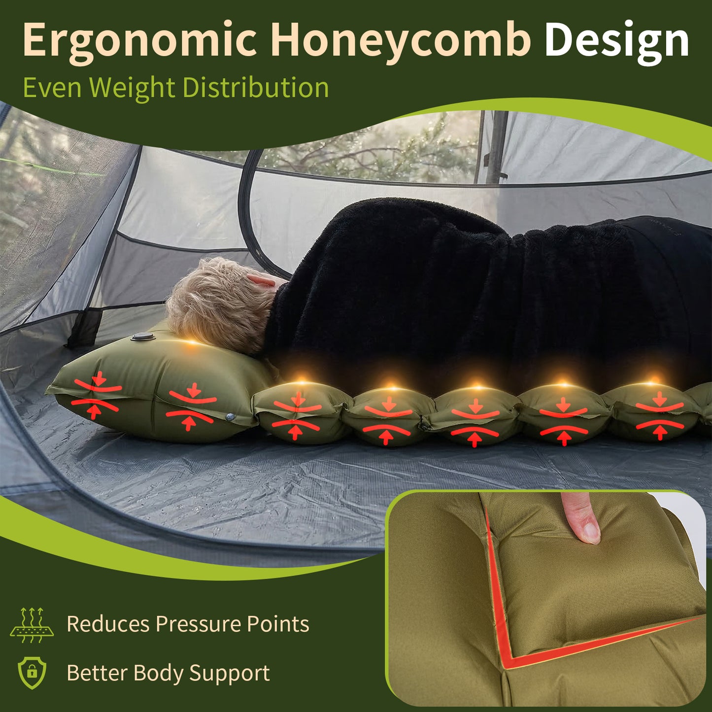 QUNSE Camping Sleeping Pad 5.91" Thick, Extra Wide Inflatable Sleeping Mat with Built-in Pillow & Foot Pump, Supports up to 400lb, Lightweight and Durable for Backpacking, Hiking, Car Camping