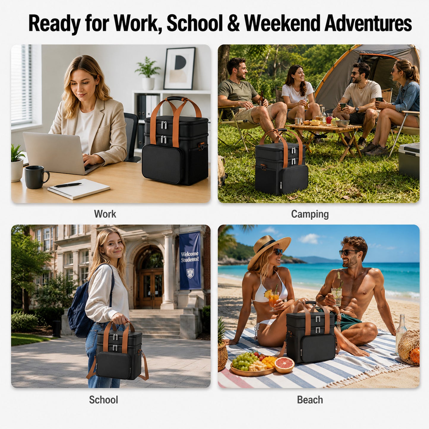 QUNSE Cooler Bag, 17L Dual-Layer Insulated Lunch Bag with Leakproof PEVA Lining, Soft Cooler Bag with Shoulder Strap for Lunch Box, Work, Picnic, Camping, Beach, Road Trip, Black