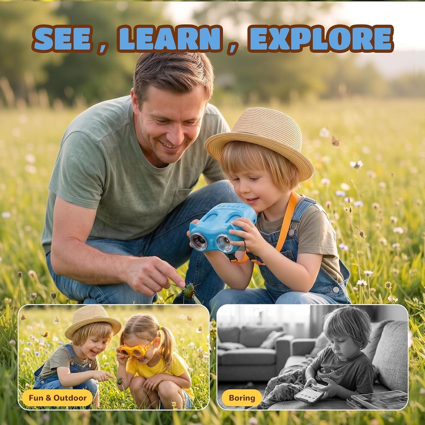 QUNSE Binoculars for Kids with 2.0" IPS Screen and Microscope, 2-in-1 Digital Binoculars with 2MP Photo & Video Camera, 8 LED Lights, 15 Slides, Rechargeable STEM Explorer, Blue