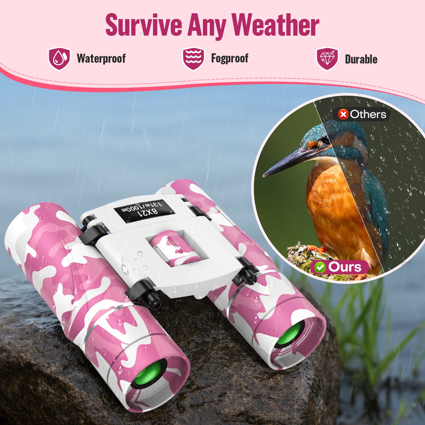 QUNSE Compact Binoculars for Kids and Adults, 8×21 Mini Pocket Binoculars, Ideal for Bird Watching, Travel, and Hunting, Great Gift for Boys and Girls (Pink and white)