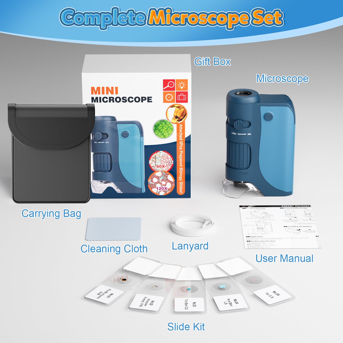 QUNSE Pocket Microscope 60X–120X True Optical, Achromatic Lens, LED and UV Light, Portable Handheld Kids Microscope for Students with 5 Prepared Slides, Phone Adapter, Carrying Bag (Blue)