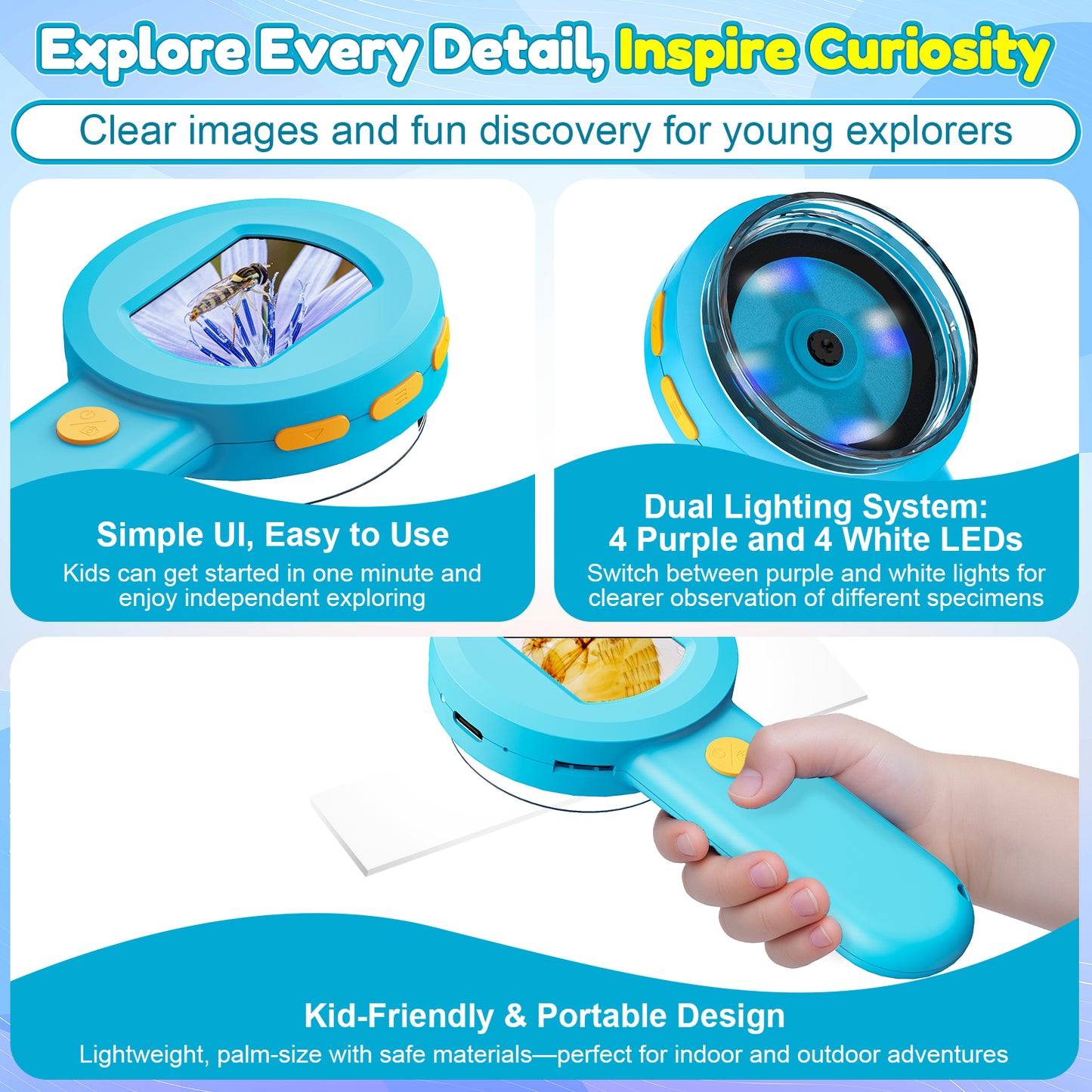 QUNSE Digital Microscope for Kids, 2.0" IPS Screen 100X - 400X Handheld STEM Science Toy with 8 LED Lights, Rechargeable Mini Pocket Microscope for Boys and Girls, Blue