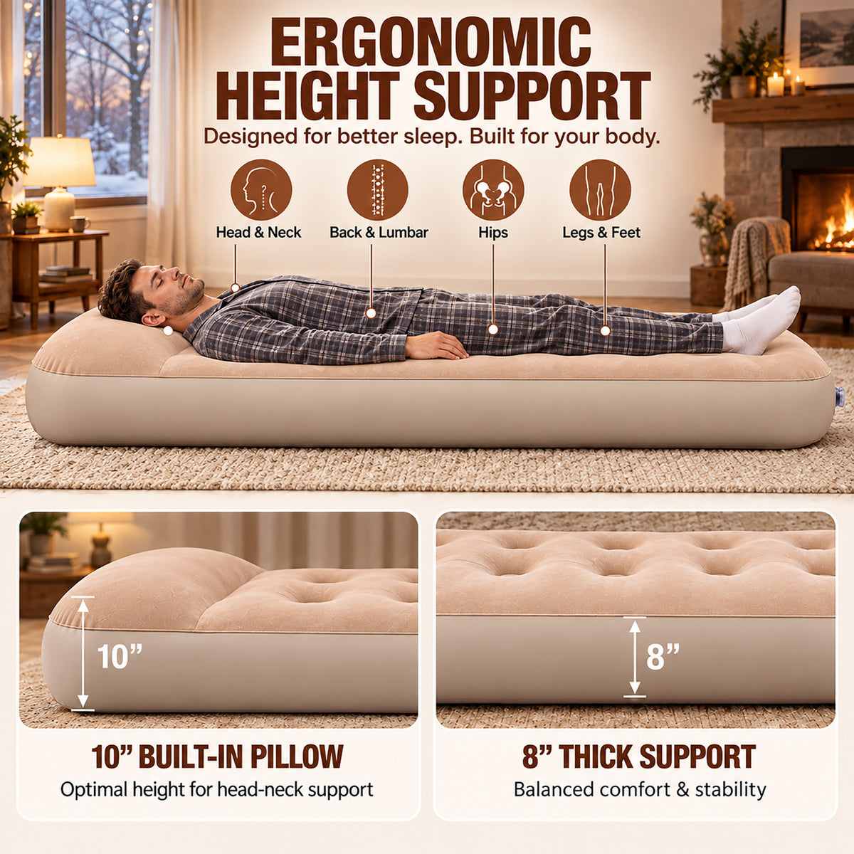 Inflatable Air Mattress, 10'' Extra Thick Pillow, 441 lbs Weight Capacity & Built‑in Rechargeable Pump, Blow Up Mattress for Tent, Camping, Cot, Car (Twin)