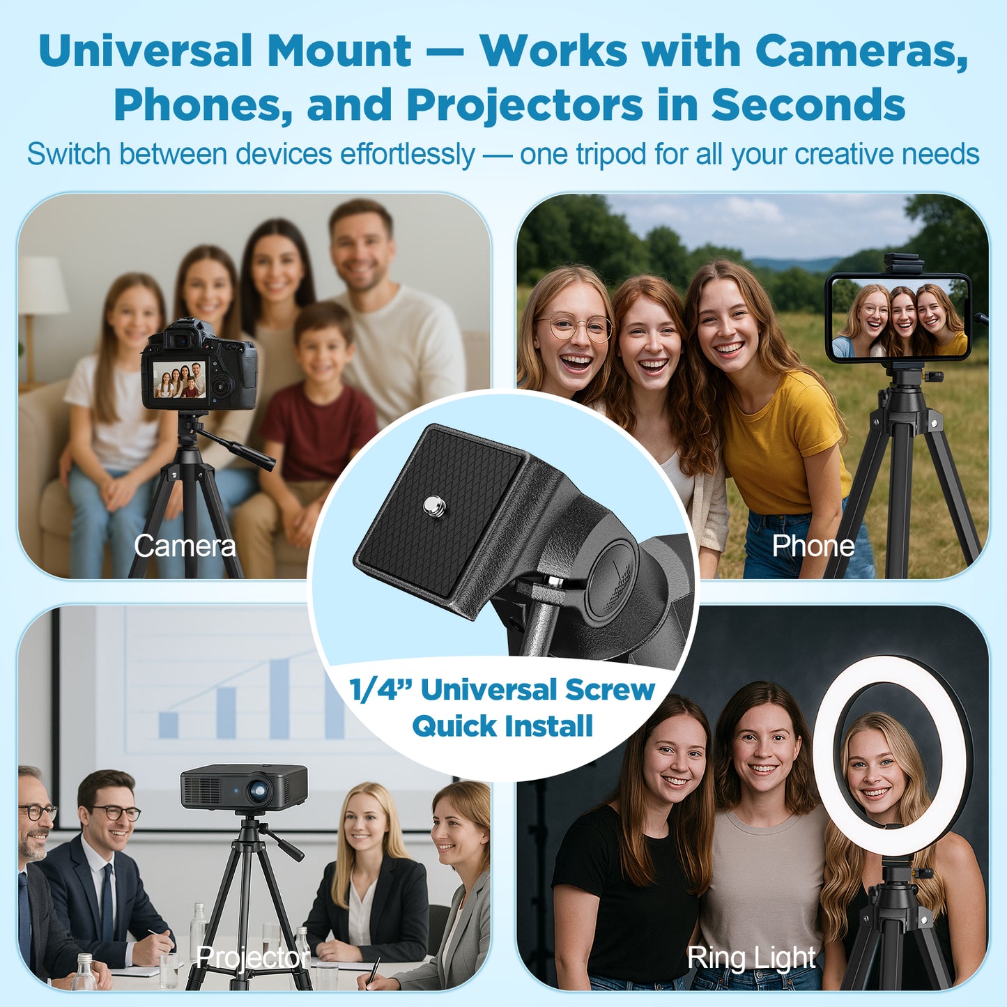 QUNSE 52" Aluminum Camera Tripod, Lightweight Travel Tripod for Camera & Phone with 360° Pan/180° Tilt Fluid Head, 4-Section Quick Release Stand with Universal 1/4" Screw