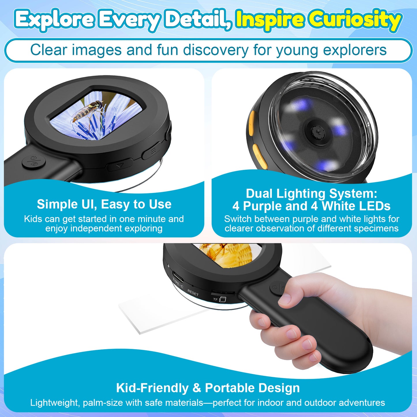 QUNSE 100X - 400X Digital Microscope for Kids, 2.0" IPS Display Handheld Science Tool with 8 LED Lights and 16MP Camera, Rechargeable Pocket Microscope, Black