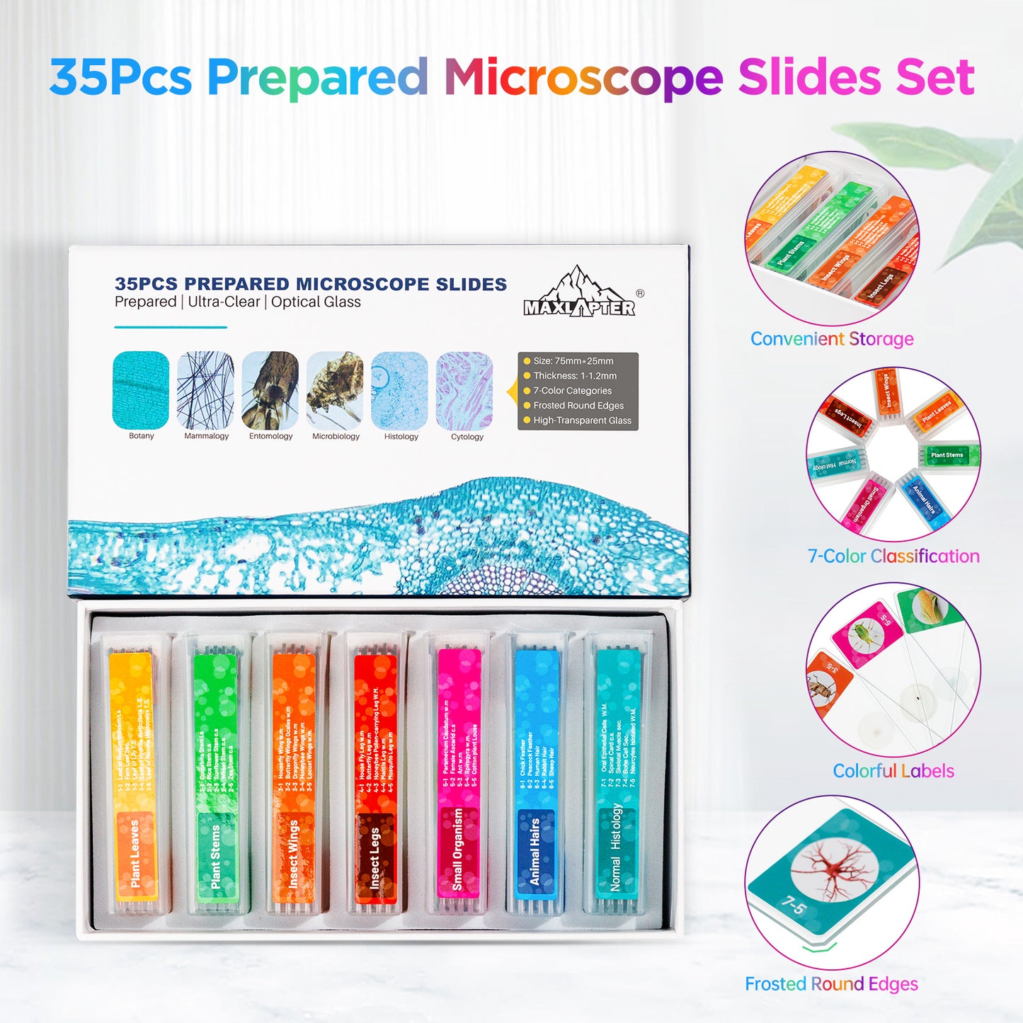 35 PCS Microscope Prepared Slides for Kids, Lab-Grade Safe Glass Plant Insect Animal Samples, Homeschool & Back to School Science Gift