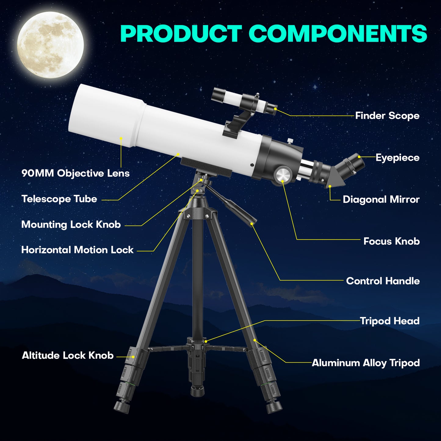 QUNSE Telescope for Adults and Beginners Astronomy, 90mm Aperture 500mm Professional Refractor with 20X–150X Magnification, Phone Adapter, Aluminum Tripod and Backpack for Moon and Planet