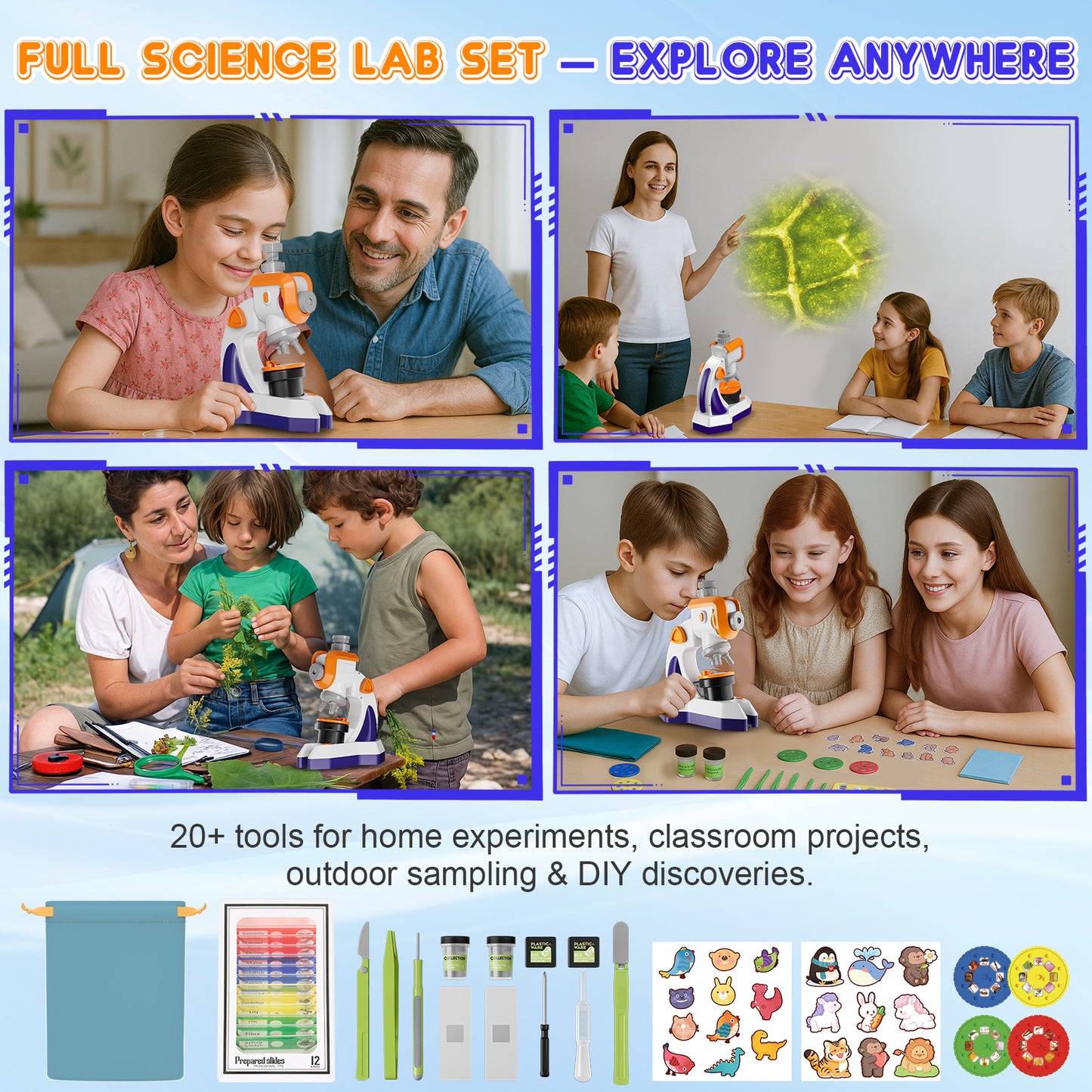 QUNSE Kids Microscope Projector Set with Dual Light, Large Focus Knobs, 20+ Accessories, STEM Science Kit, Standard Optical Microscope for Slides, Plants, Insects and DIY Experiments