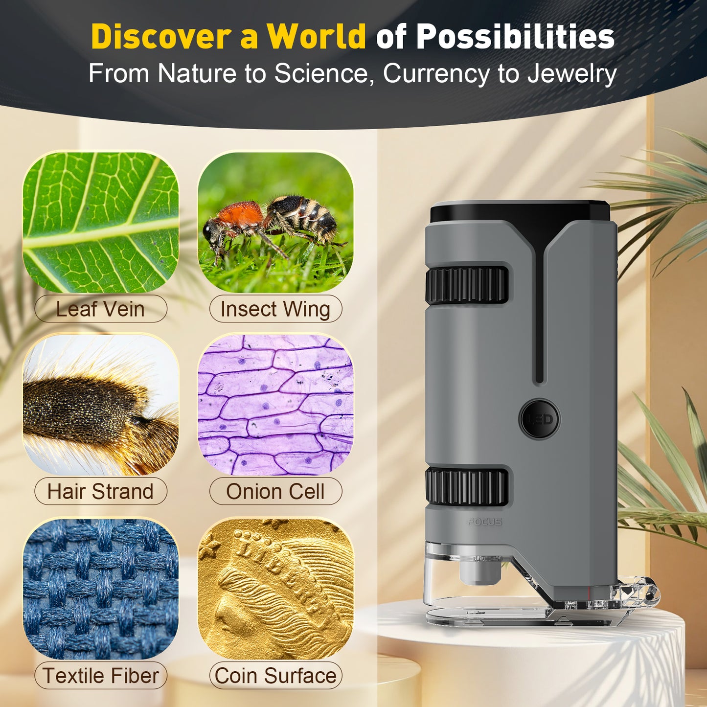 QUNSE STEM Pocket Microscope 100x–250x for Kids, Portable Handheld with LED and UV Light, Phone Adapter, 5 Slides, EVA Carry Case, Grey