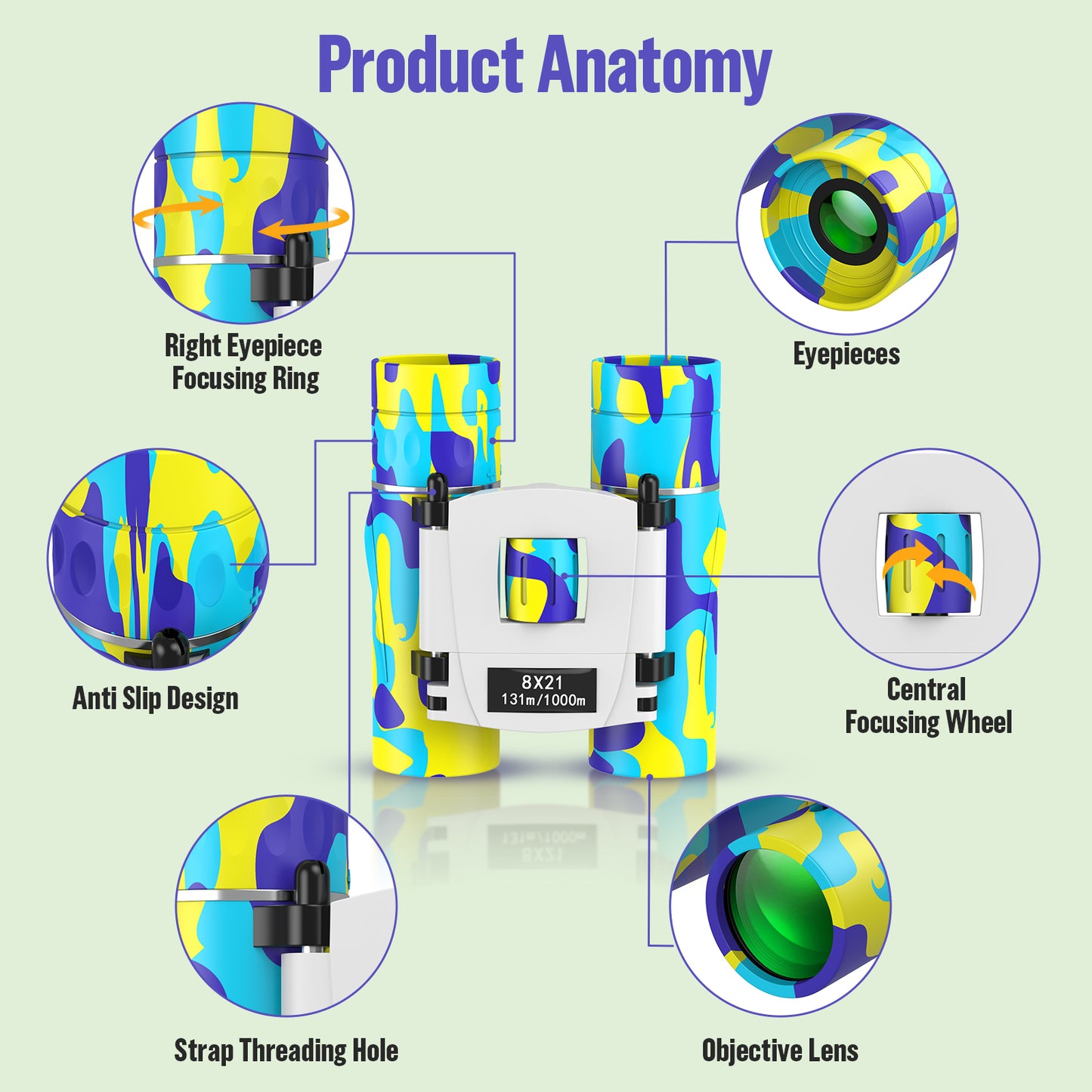 QUNSE 8×21 Compact Binoculars for Kids and Adults, Pocket Mini Binoculars, Ideal for Bird Watching, Travel, and Hunting, Great Gift for Boys and Girls (Yellow and blue)