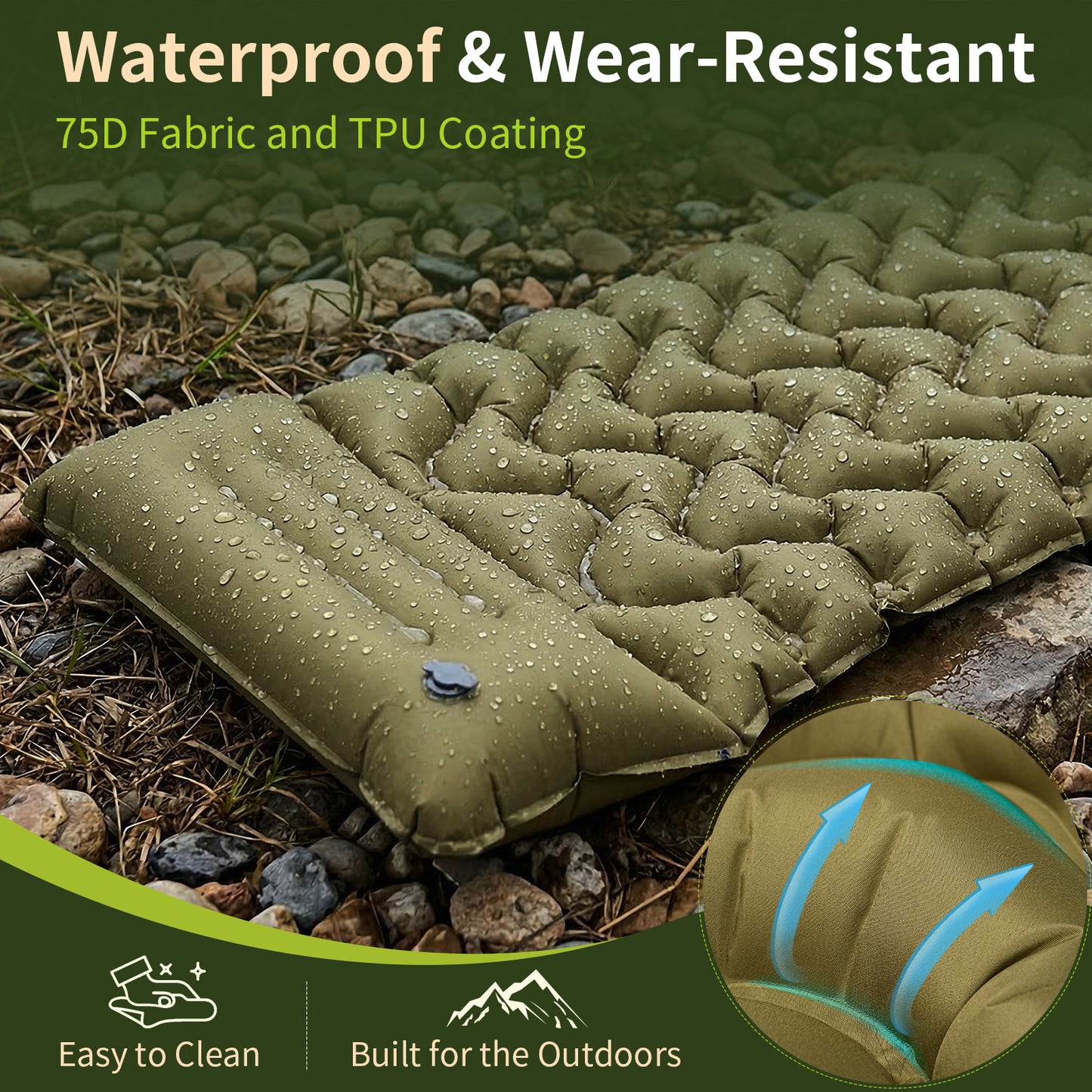 QUNSE Camping Sleeping Pad 5.91" Thick, Extra Wide Inflatable Sleeping Mat with Built-in Pillow & Foot Pump, Supports up to 400lb, Lightweight and Durable for Backpacking, Hiking, Car Camping
