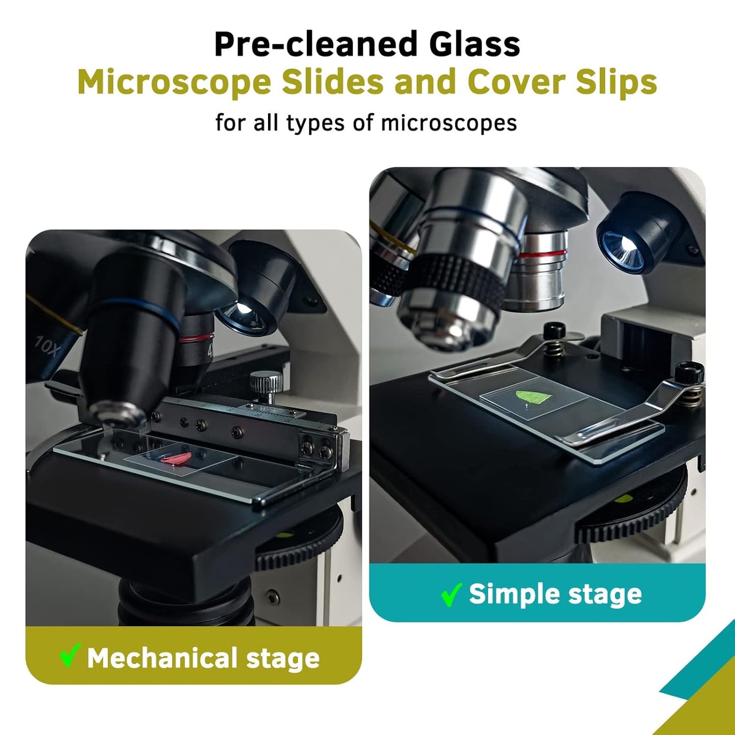 QUNSE 50 Pieces Pre-Cleaned Ground Edge Glass Microscope Slides, Standard Size 1" x 3" x 0.04", with Safe 45° Clipped Corners, for Students, Teachers, Classroom and Lab Use