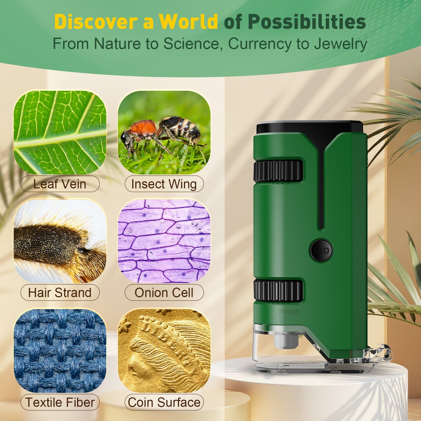 QUNSE Pocket Microscope for Kids and Students, 100x–250x Portable Handheld with LED and UV, Semi-Apochromatic Optics, Phone Adapter and Prepared Slides, Green