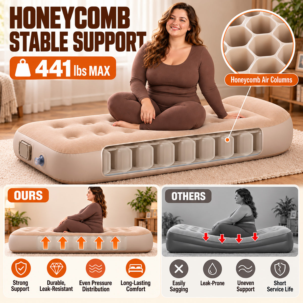 Inflatable Air Mattress, 10'' Extra Thick Pillow, 441 lbs Weight Capacity & Built‑in Rechargeable Pump, Blow Up Mattress for Tent, Camping, Cot, Car (Twin)