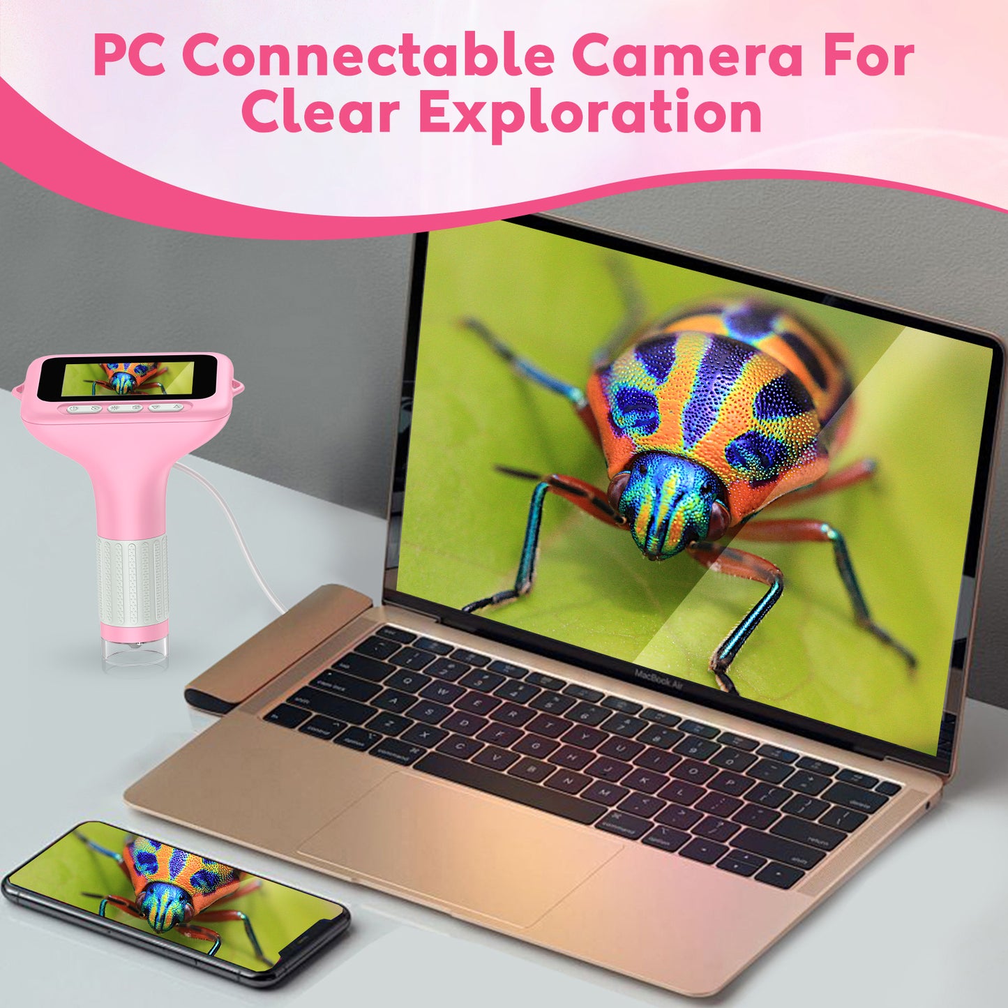 QUNSE 3-Inch IPS Screen 1000X Digital Microscope for Kids, Photo and Video Function, 8 LED Lights, Rechargeable Handheld Pocket Microscope, Compatible with Windows and Mac (Pink Gray)