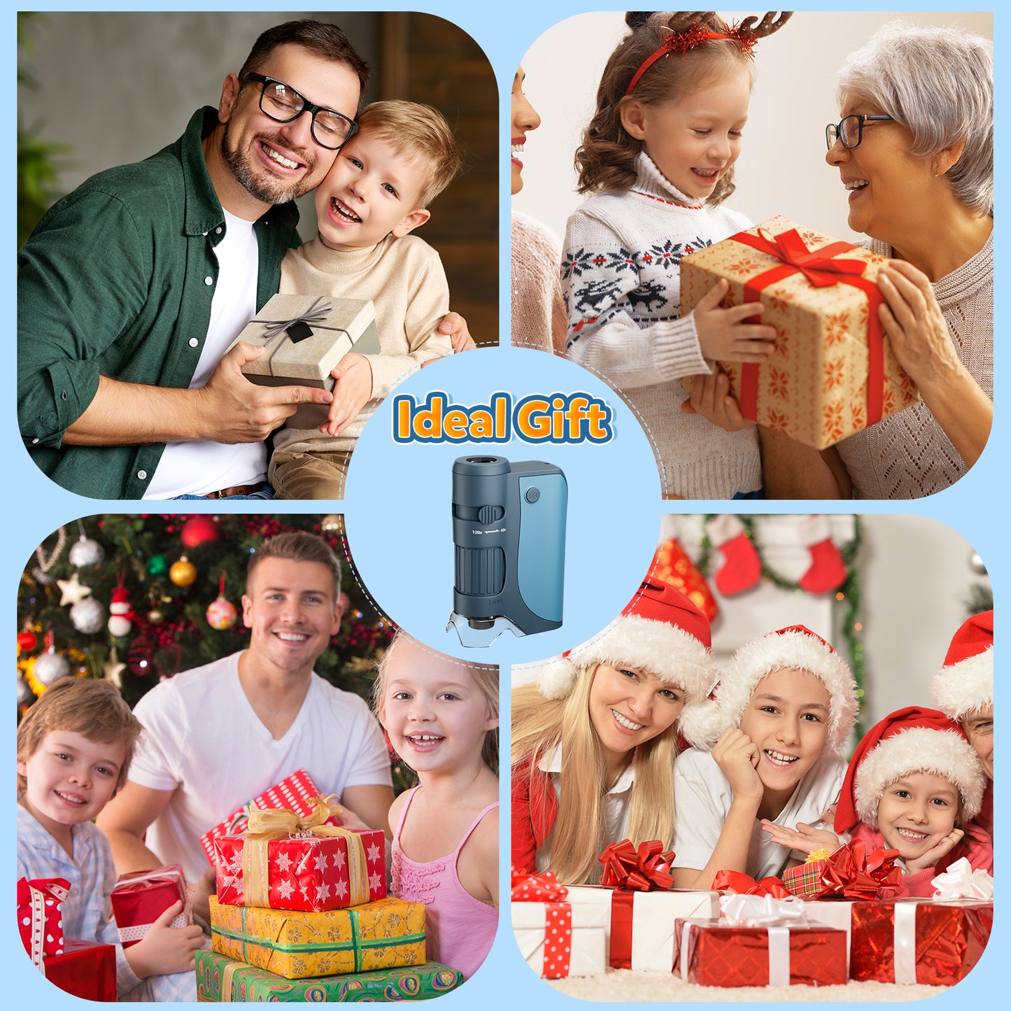 QUNSE Pocket Microscope 60X–120X True Optical, Achromatic Lens, LED and UV Light, Portable Handheld Kids Microscope for Students with 5 Prepared Slides, Phone Adapter, Carrying Bag (Blue)