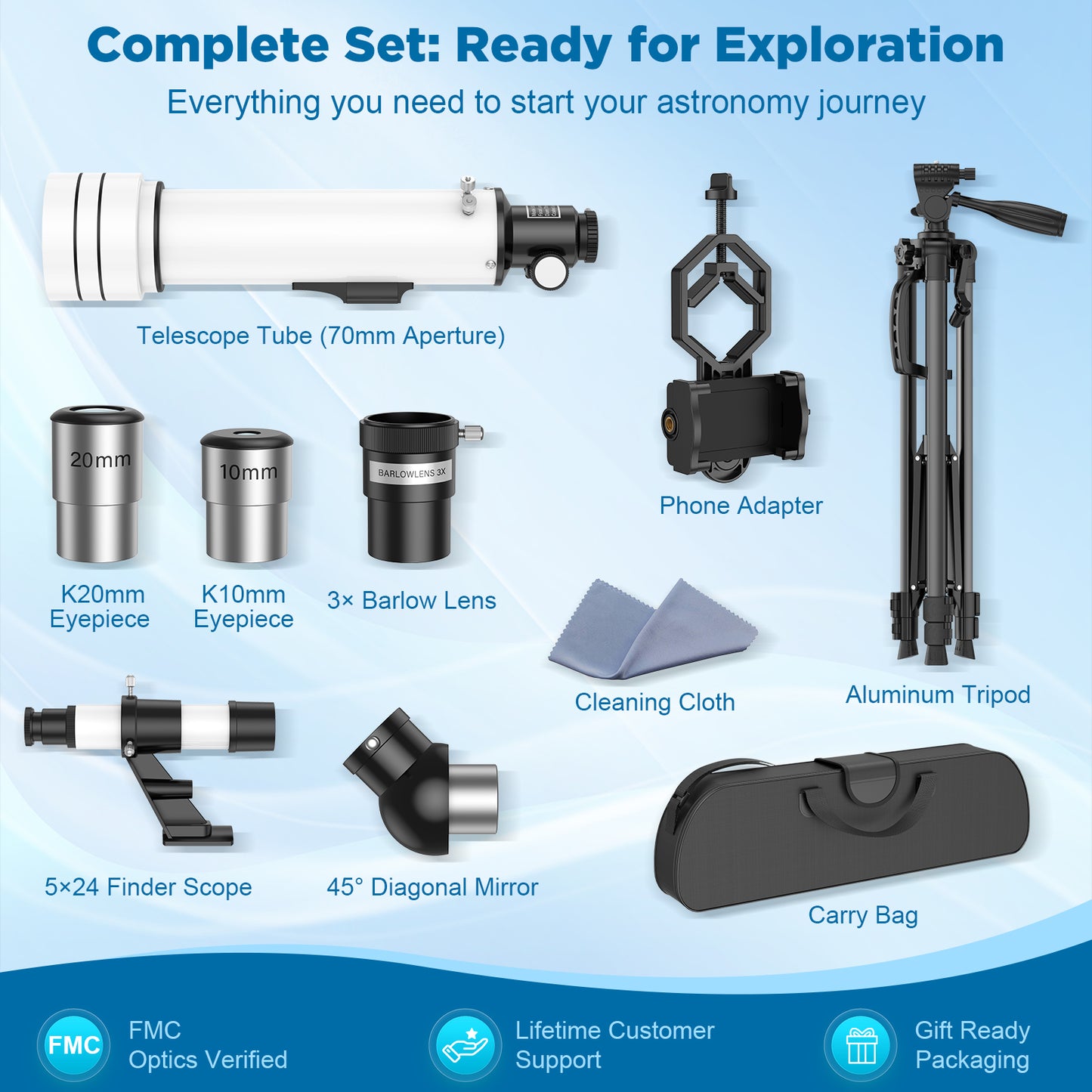 QUNSE 70mm Aperture 500mm Refractor Telescope for Adults, Kids, and Beginners, Portable Astronomical Telescope with Adjustable Tripod, Phone Adapter, Carry Bag for Moon and Planet Viewing