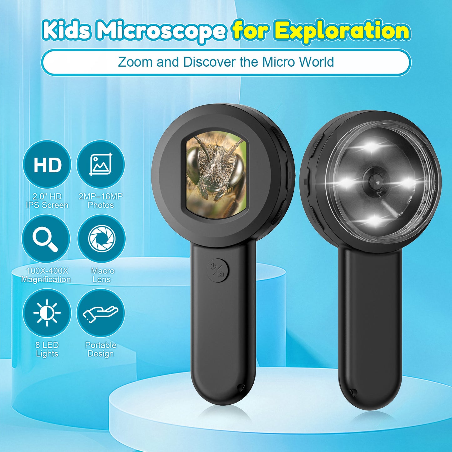 QUNSE 100X - 400X Digital Microscope for Kids, 2.0" IPS Display Handheld Science Tool with 8 LED Lights and 16MP Camera, Rechargeable Pocket Microscope, Black