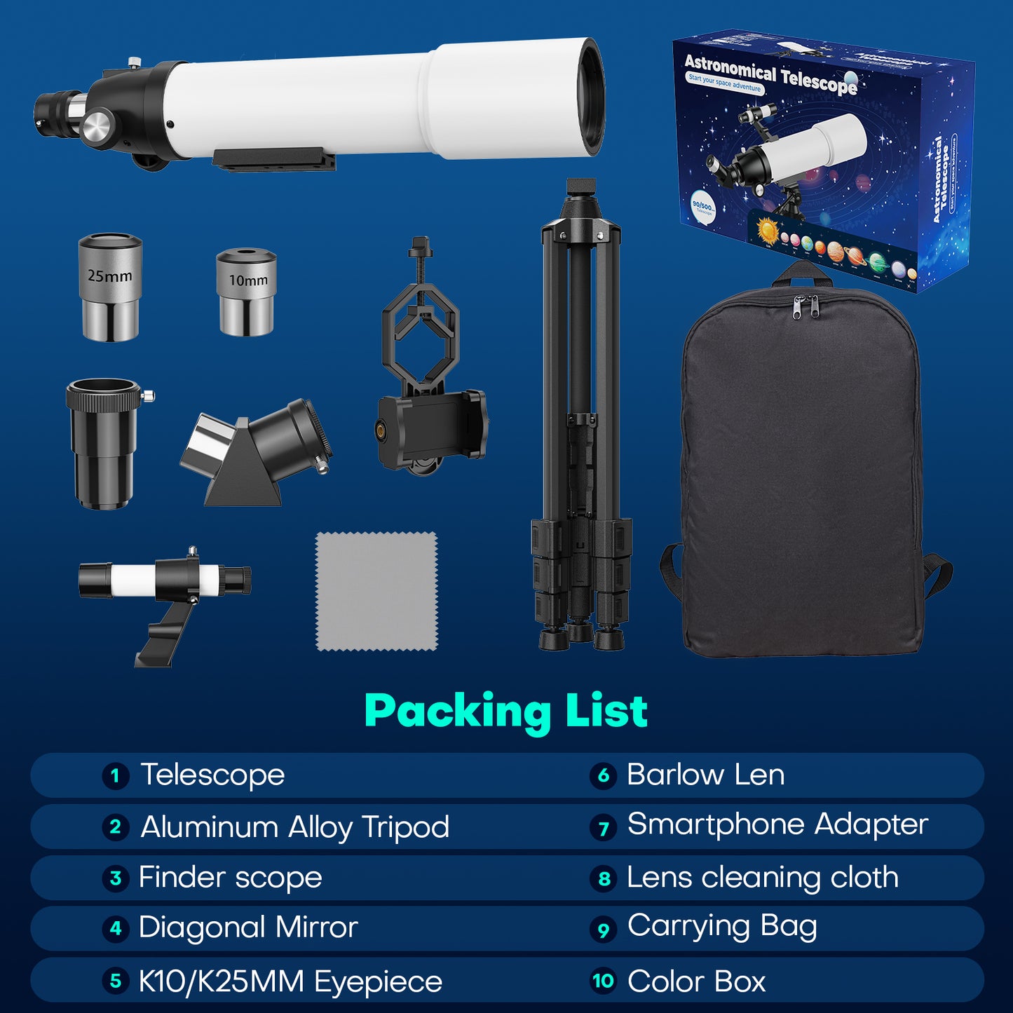 QUNSE Telescope for Adults and Beginners Astronomy, 90mm Aperture 500mm Professional Refractor with 20X–150X Magnification, Phone Adapter, Aluminum Tripod and Backpack for Moon and Planet