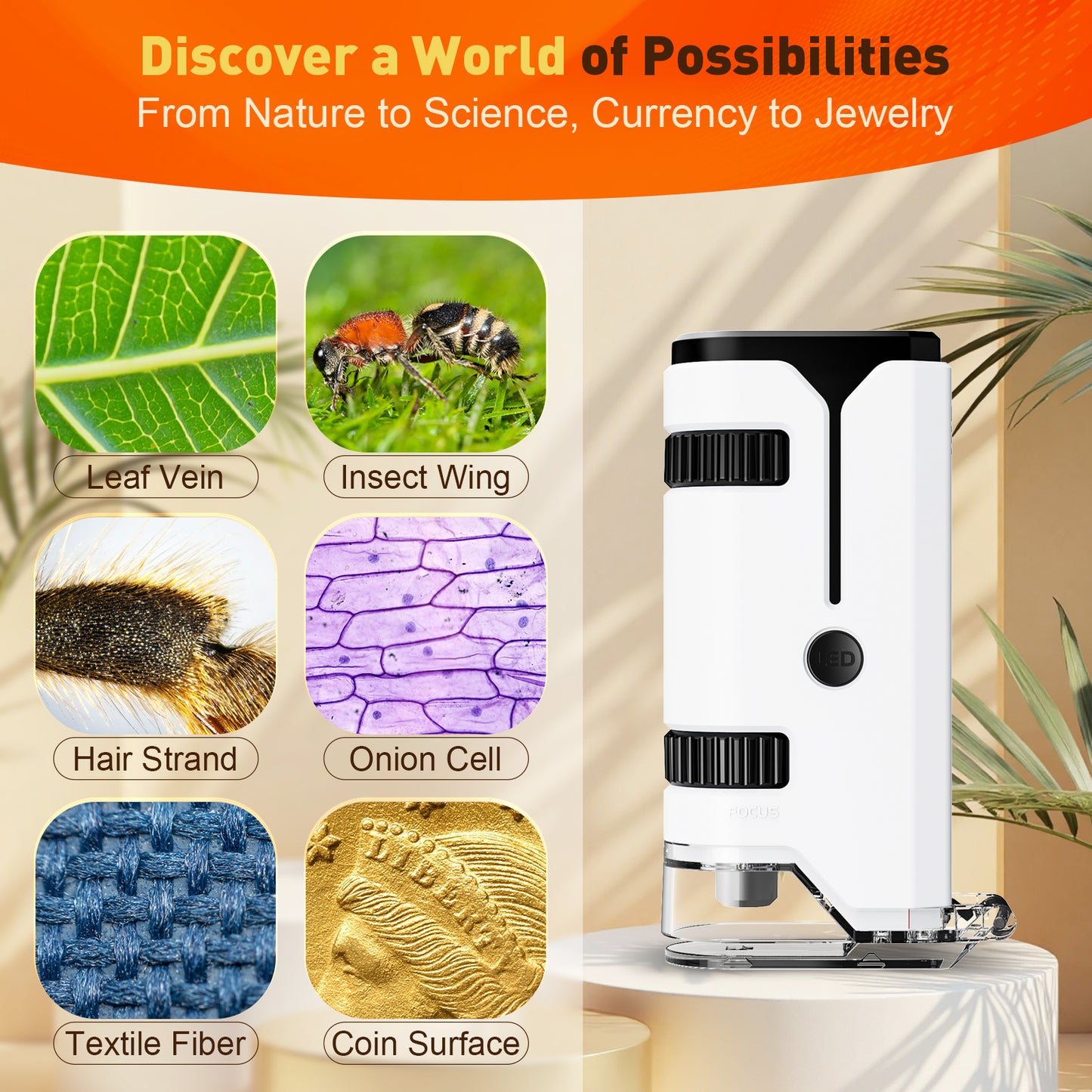 QUNSE Pocket Microscope 100x–250x, LED and UV Light, Portable Handheld Mini Microscope for Kids and Students, Semi-Apochromatic Optics, Phone Adapter, 5 Prepared Slides, EVA Case, White