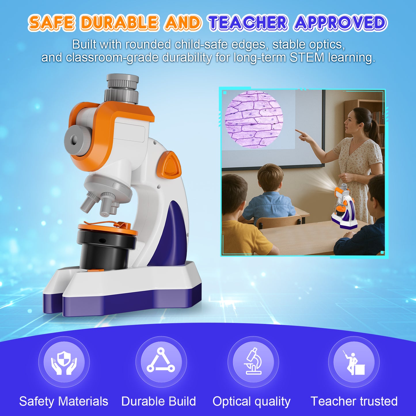 QUNSE Kids Microscope Projector Set with Dual Light, Large Focus Knobs, 20+ Accessories, STEM Science Kit, Standard Optical Microscope for Slides, Plants, Insects and DIY Experiments