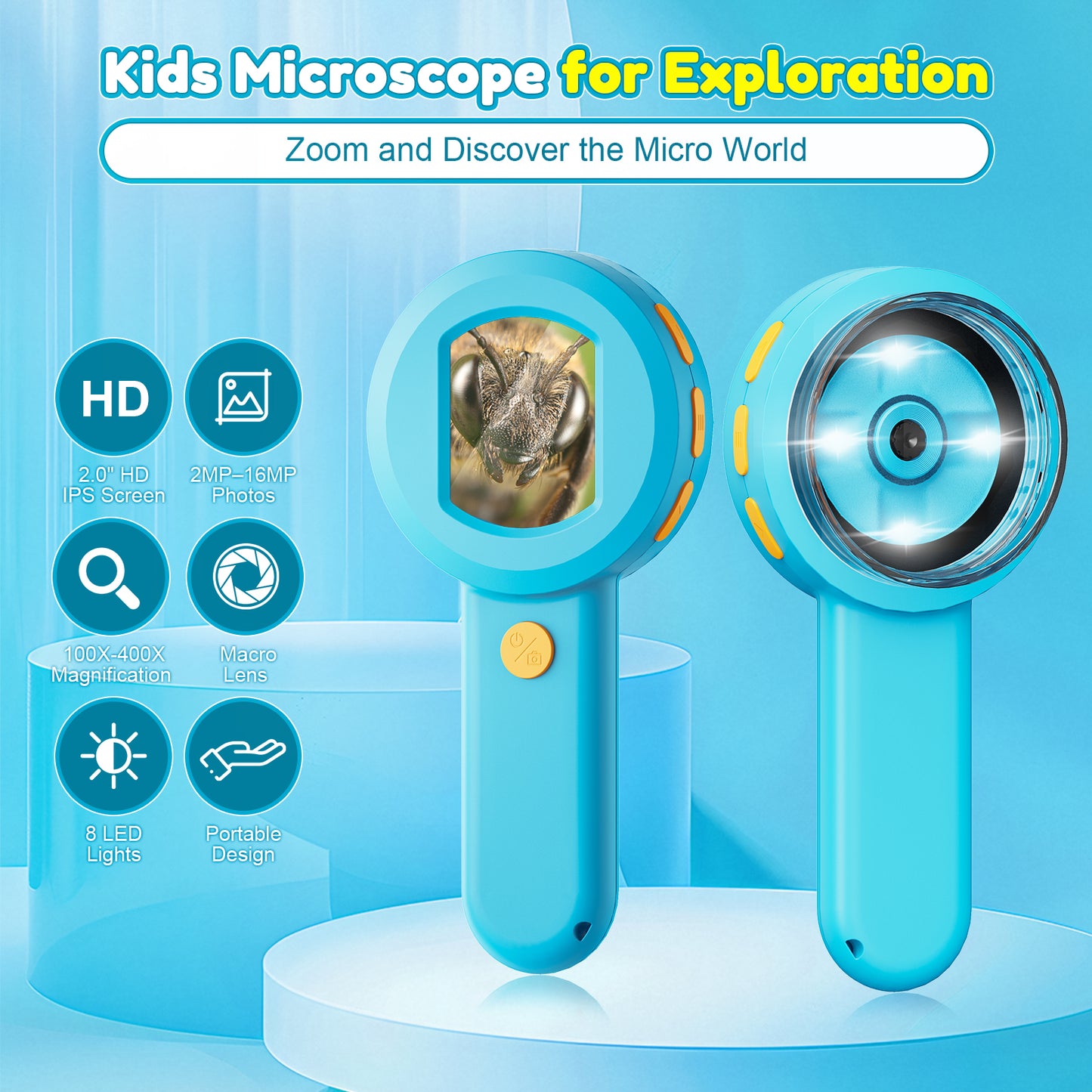 QUNSE Digital Microscope for Kids, 2.0" IPS Screen 100X - 400X Handheld STEM Science Toy with 8 LED Lights, Rechargeable Mini Pocket Microscope for Boys and Girls, Blue