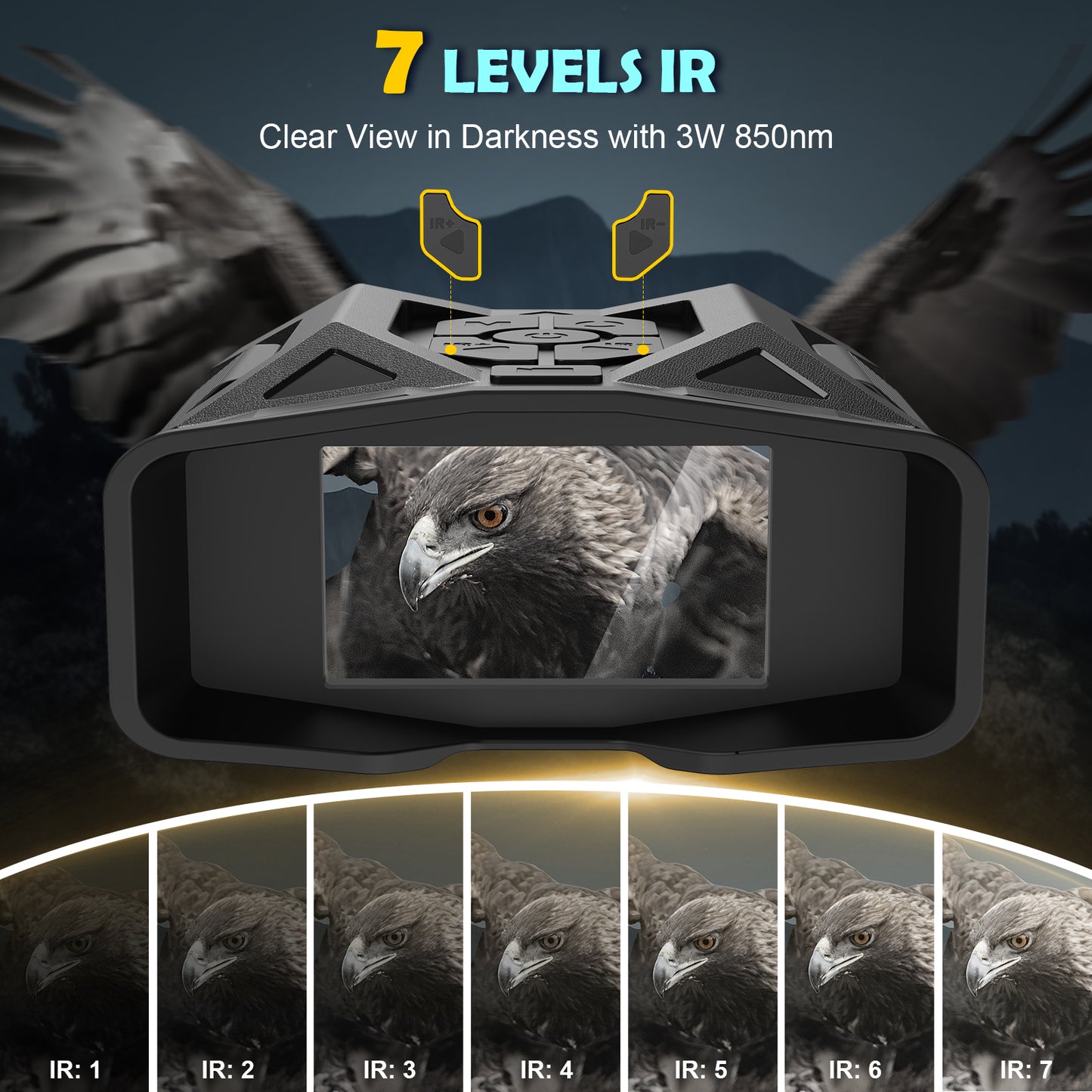 QUNSE Night Vision Goggles, Night Vision Binoculars for Adults with 3" HD Screen, 8X Digital Zoom, 7-Level IR Illuminator, 36MP Photo & 1080P Video, 1312FT Full Dark Range for Hunting and Camping