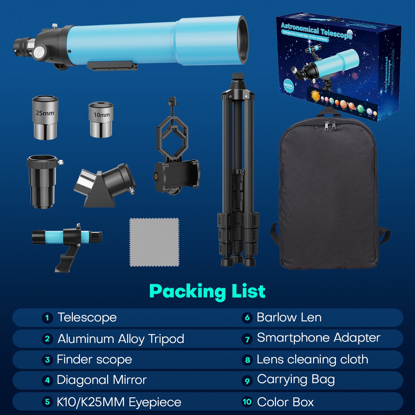 QUNSE Astronomy Telescope for Adults and Kids, 80mm Aperture 500mm Professional Refractor with 20X–150X Magnification, Aluminum Tripod, Backpack and Phone Adapter for Lunar and Planetary Observation