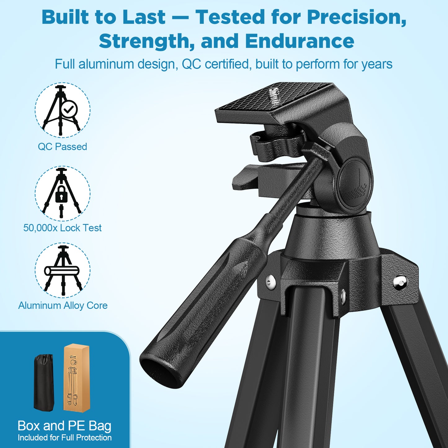 QUNSE 52" Aluminum Camera Tripod, Lightweight Travel Tripod for Camera & Phone with 360° Pan/180° Tilt Fluid Head, 4-Section Quick Release Stand with Universal 1/4" Screw