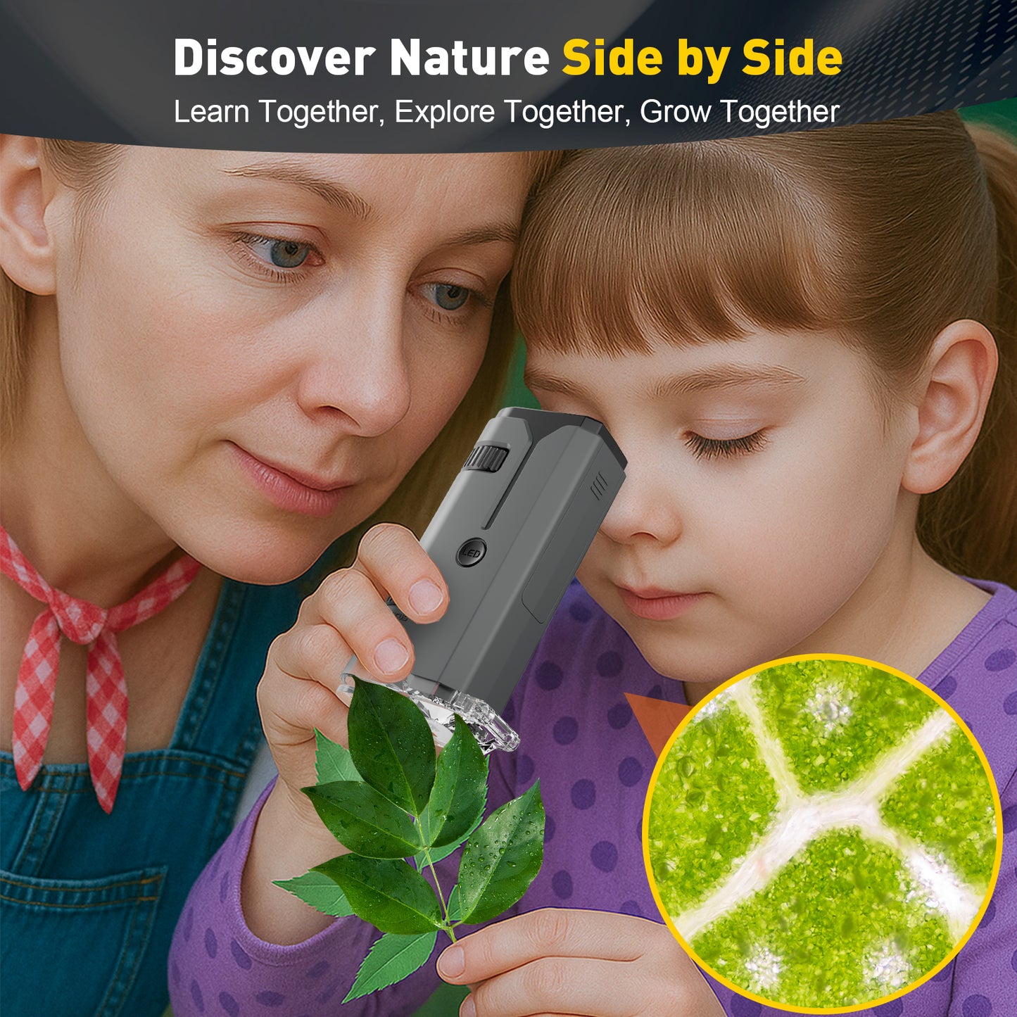 QUNSE STEM Pocket Microscope 100x–250x for Kids, Portable Handheld with LED and UV Light, Phone Adapter, 5 Slides, EVA Carry Case, Grey