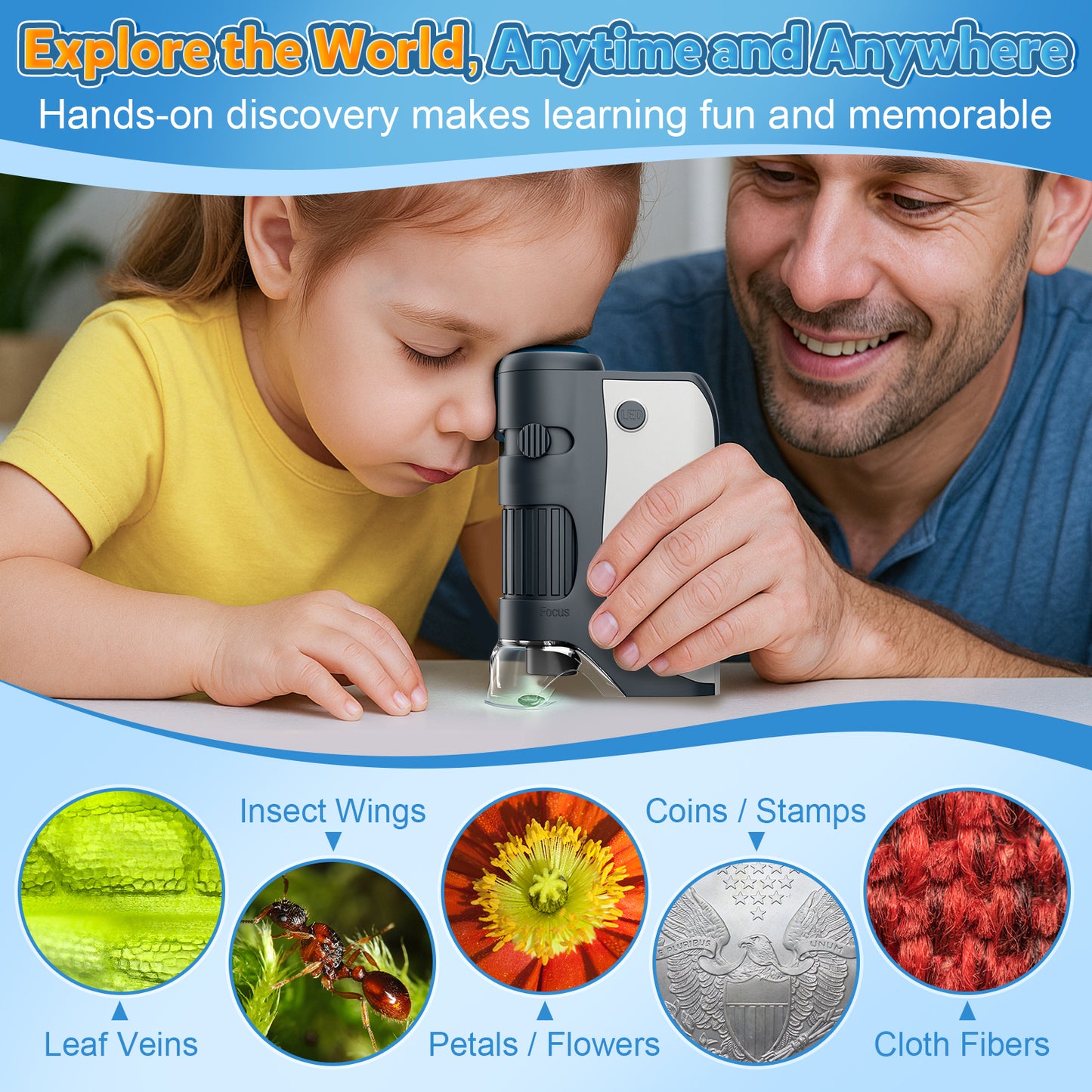 QUNSE Pocket Microscope for Kids and Students with Achromatic Lens, LED and UV Light, Portable Handheld Microscope Kit with 5 Prepared Slides, Carrying Bag, Gift Set (Gray)